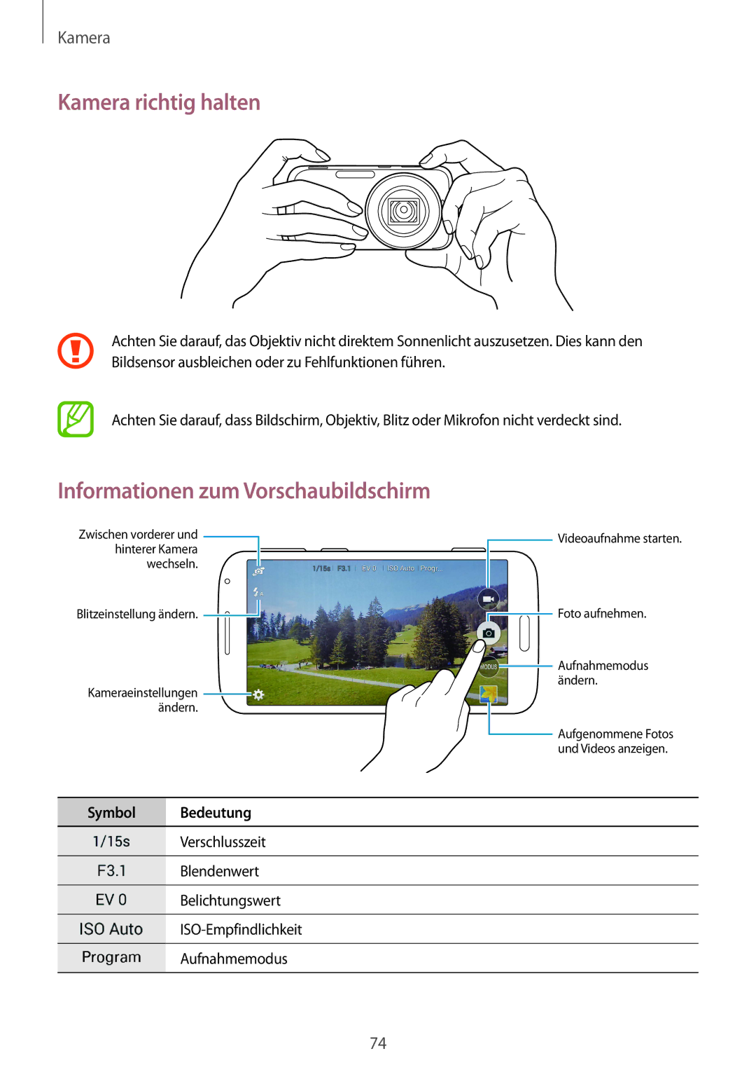 Samsung SM-C1150ZWADBT, SM-C1150ZKASEB, SM-C1150ZWAEUR manual Kamera richtig halten, Informationen zum Vorschaubildschirm 