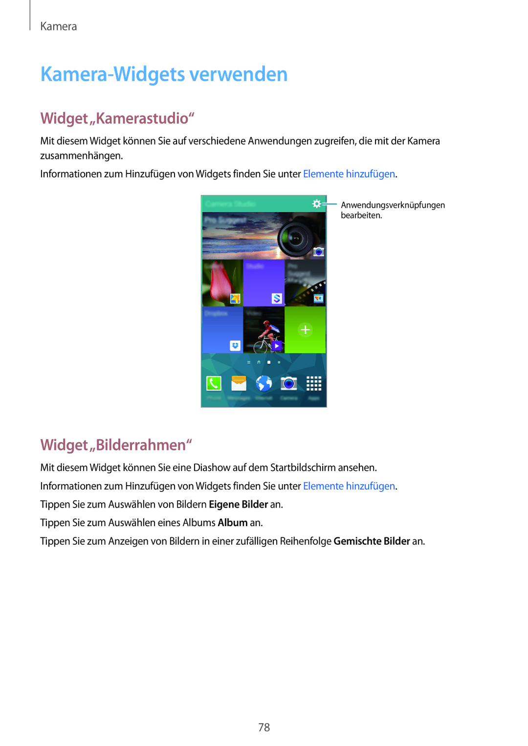 Samsung SM-C1150ZKASEB, SM-C1150ZWAEUR, SM-C1150ZWADBT Kamera-Widgets verwenden, Widget„Kamerastudio, Widget„Bilderrahmen 