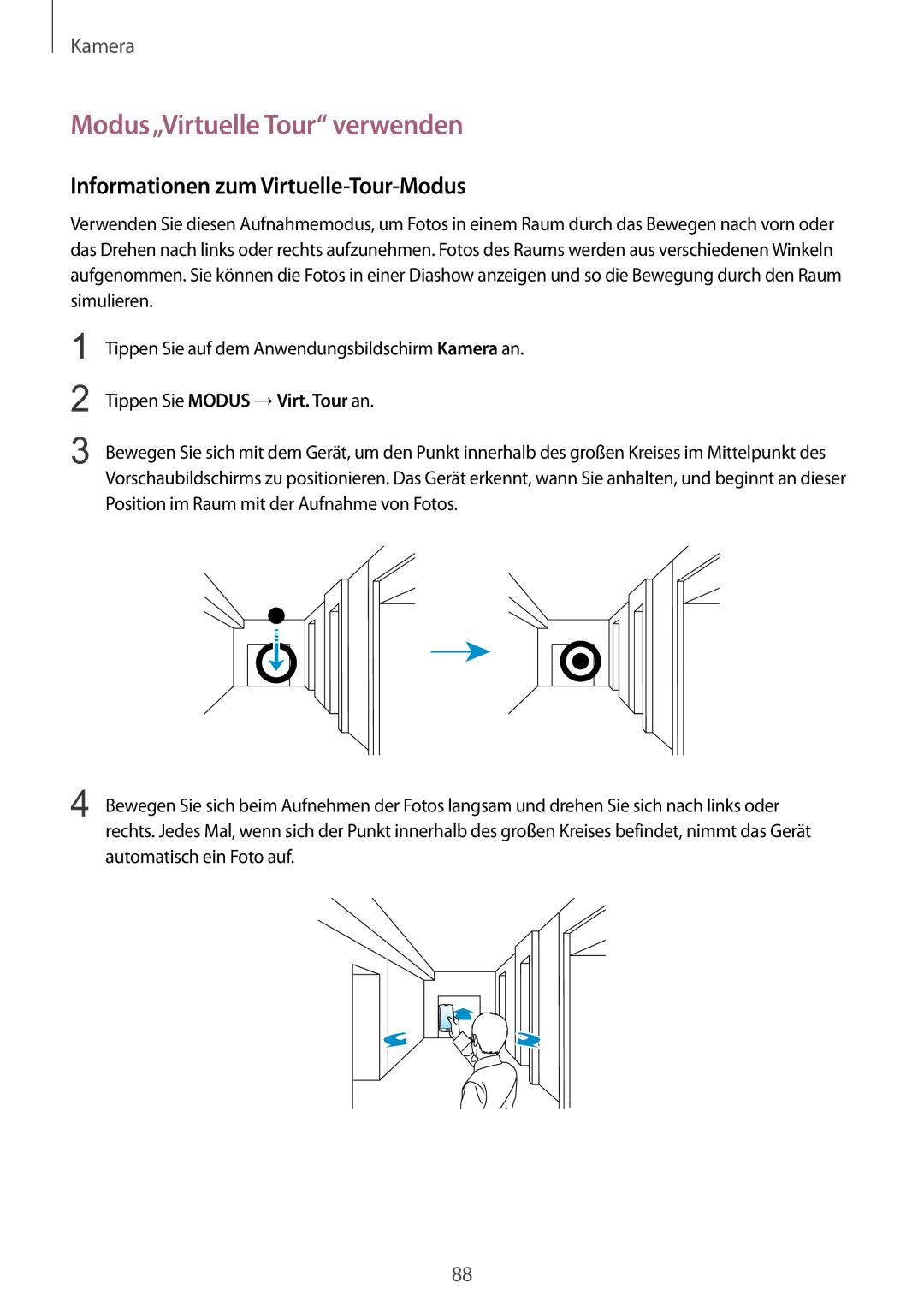 Samsung SM-C1150ZBADBT, SM-C1150ZKASEB manual Modus„Virtuelle Tour verwenden, Informationen zum Virtuelle-Tour-Modus 