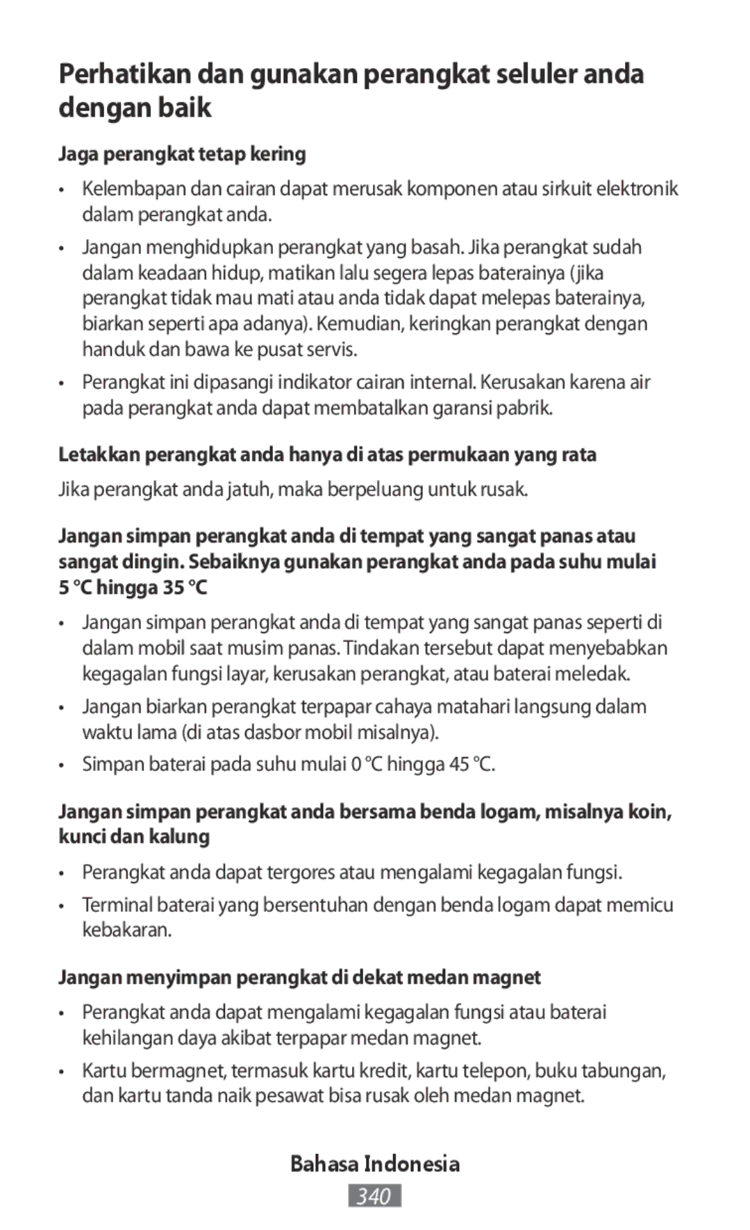 Samsung SM-T235NZWAXEH manual Perhatikan dan gunakan perangkat seluler anda dengan baik, Jaga perangkat tetap kering 