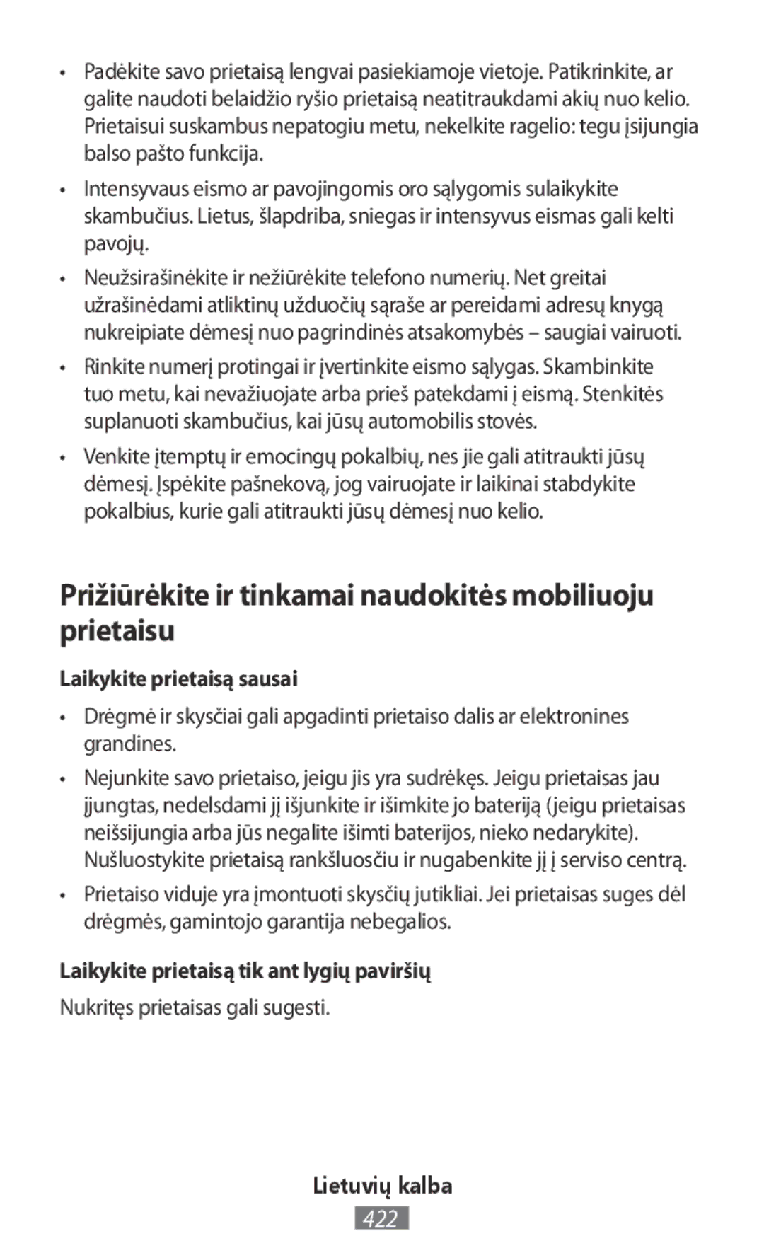 Samsung SM-T235NYKAXEO manual Prižiūrėkite ir tinkamai naudokitės mobiliuoju prietaisu, Laikykite prietaisą sausai 