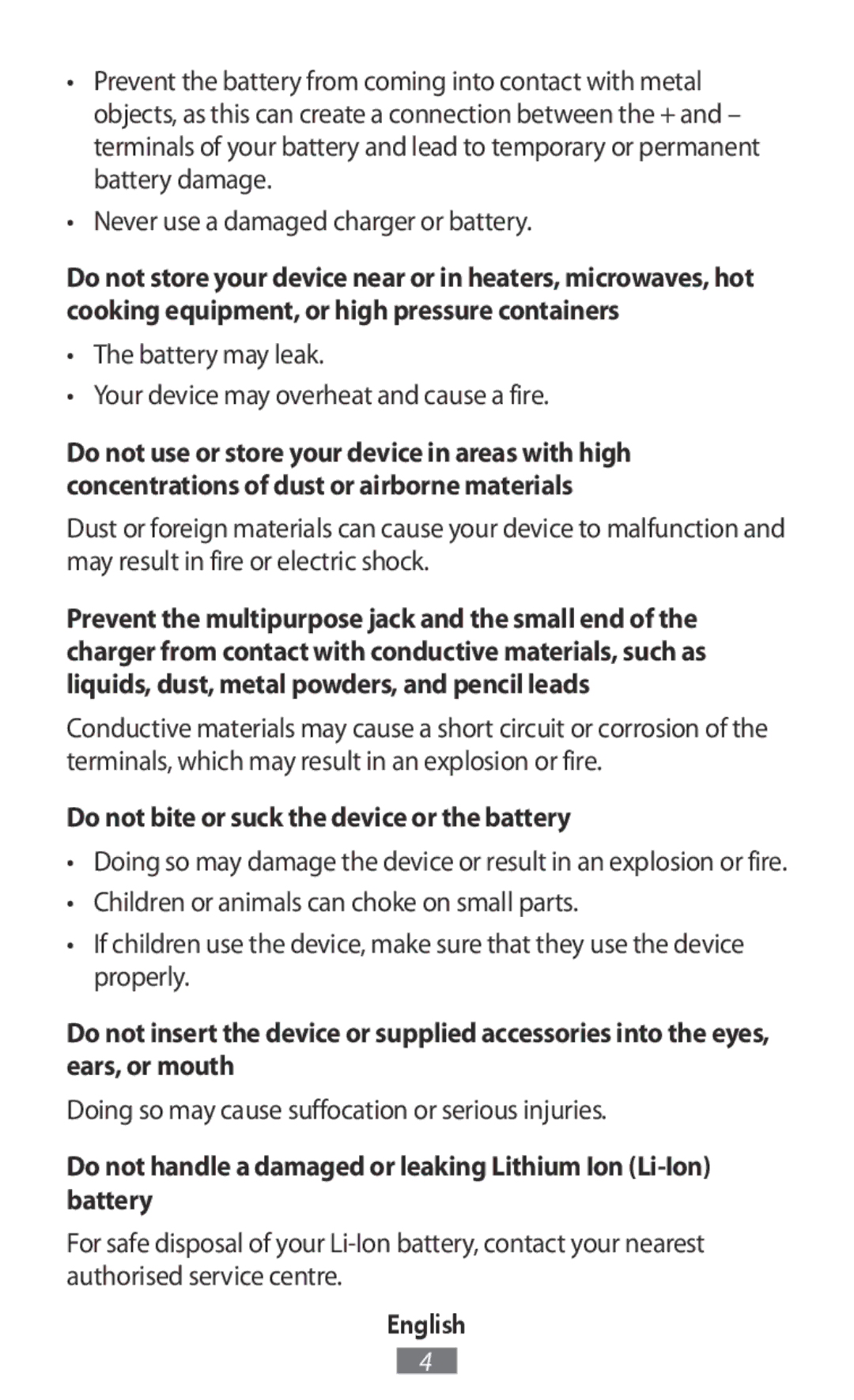 Samsung SM-T235NZWADBT, SM-C1150ZKASEB, SM-T235NZWAATO manual Battery may leak Your device may overheat and cause a fire 