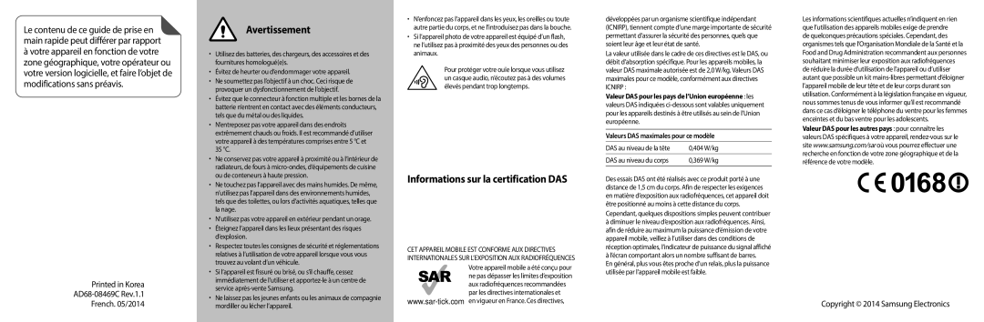 Samsung SM-C1150ZBAXEF manual Avertissement, Informations sur la certification DAS, Valeurs DAS maximales pour ce modèle 