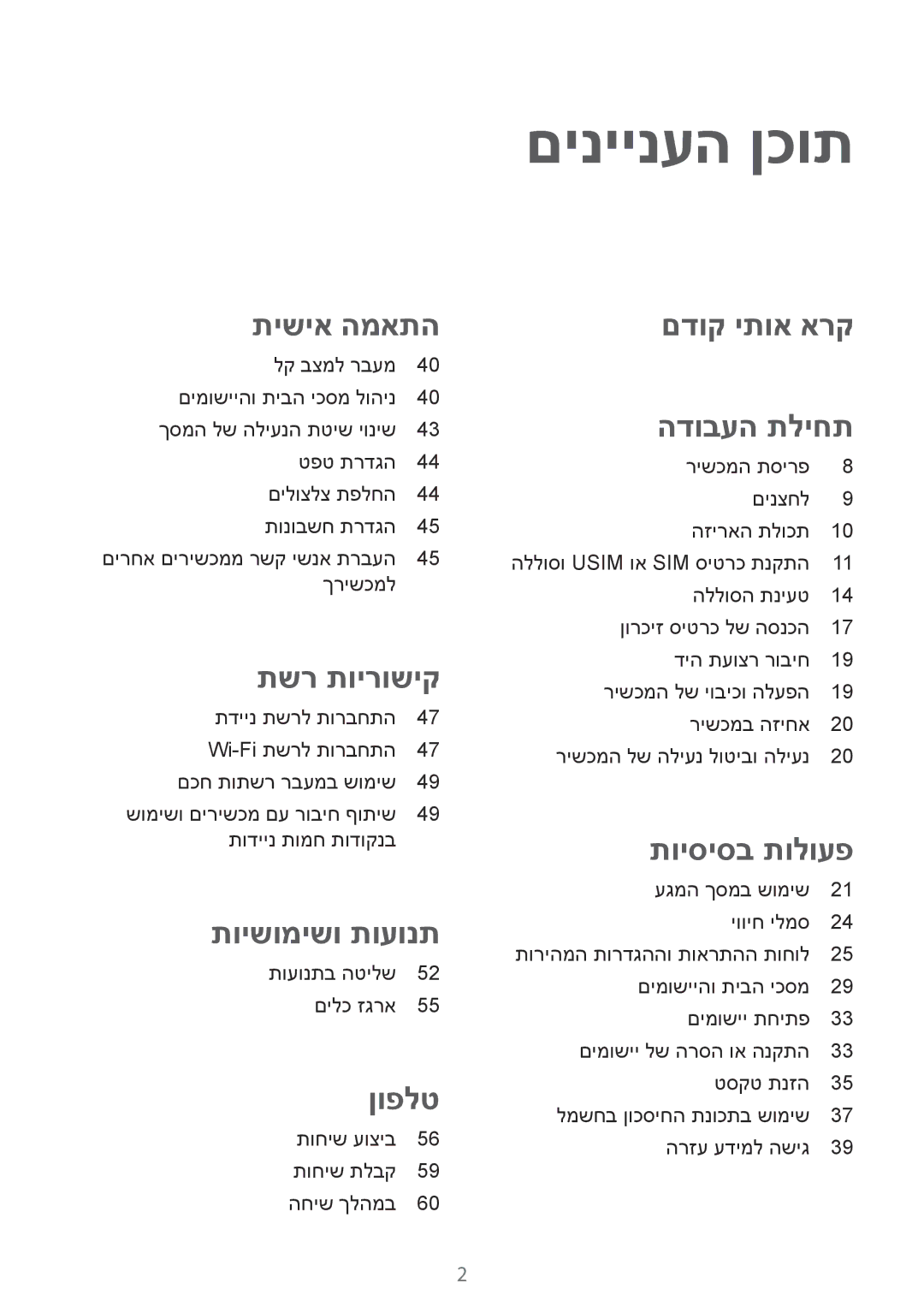 Samsung SM-C1150ZKAILO, SM-C1150ZWASEE, SM-C1150ZKAPTR, SM-C1150ZWAILO manual םיניינעה ןכות, תישיא המאתה 