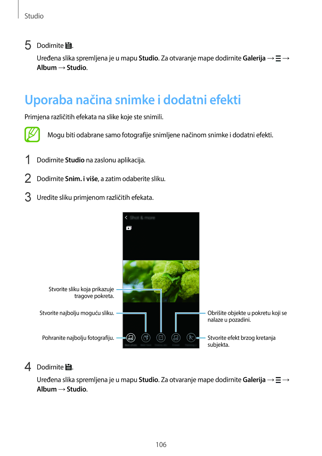 Samsung SM-C1150ZKASEE, SM-C1150ZWASEE, SM-C1150ZWACRO manual Uporaba načina snimke i dodatni efekti, Dodirnite 