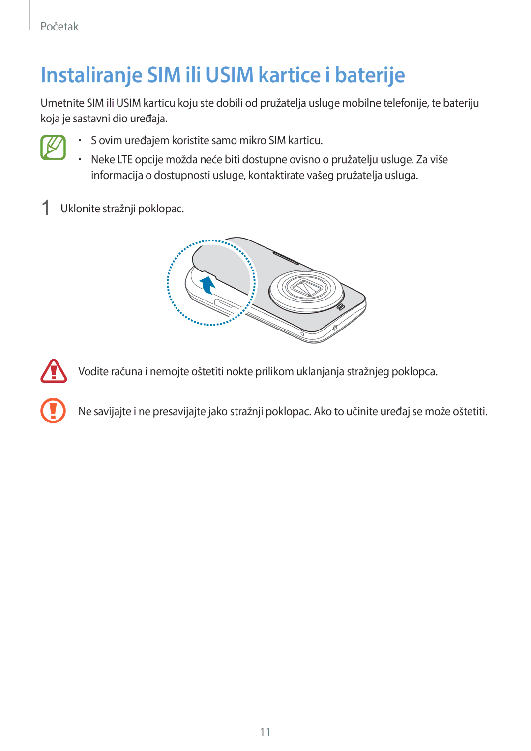 Samsung SM-C1150ZWACRO, SM-C1150ZWASEE, SM-C1150ZKASEE manual Instaliranje SIM ili Usim kartice i baterije 