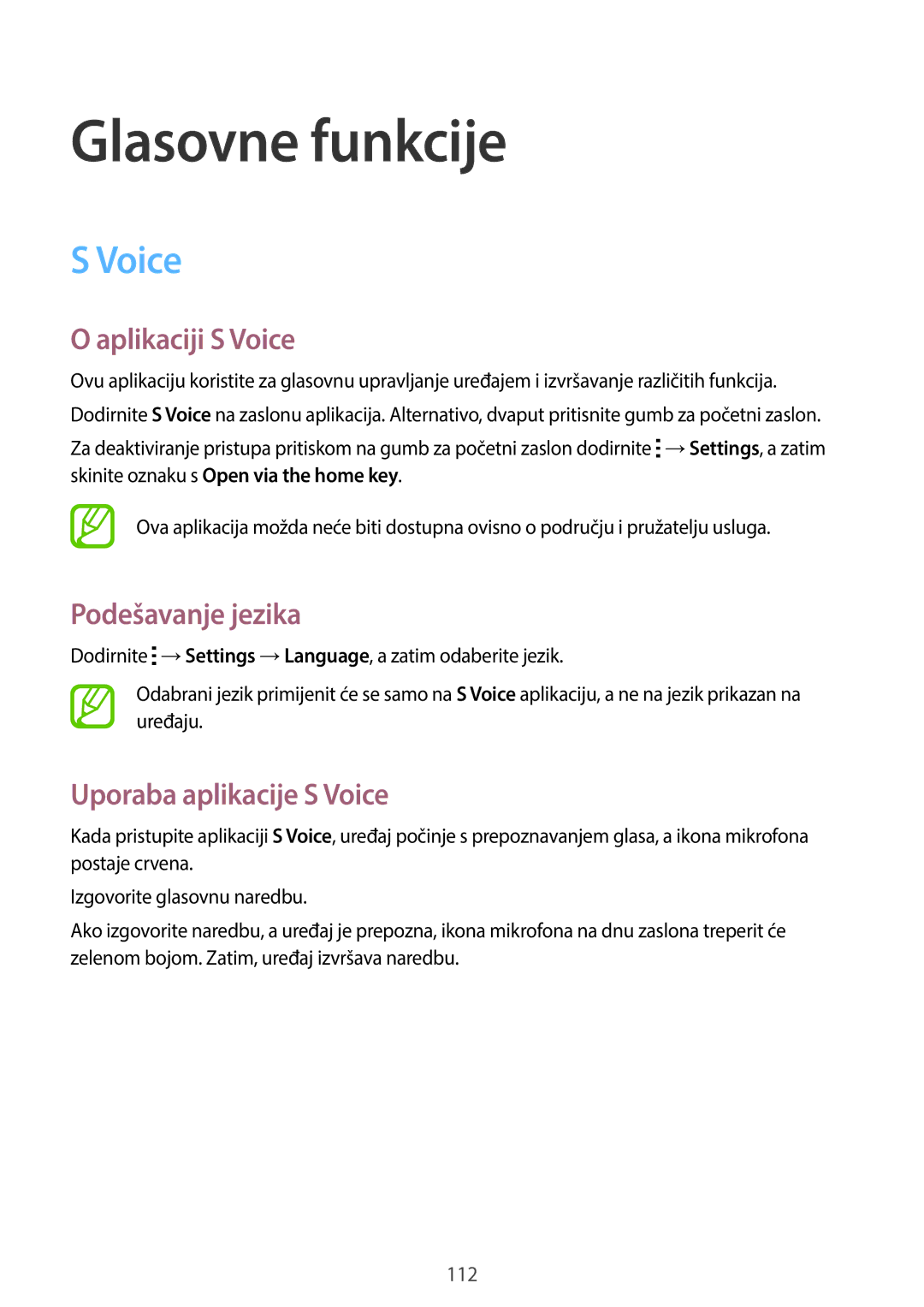 Samsung SM-C1150ZKASEE manual Glasovne funkcije, Aplikaciji S Voice, Podešavanje jezika, Uporaba aplikacije S Voice 