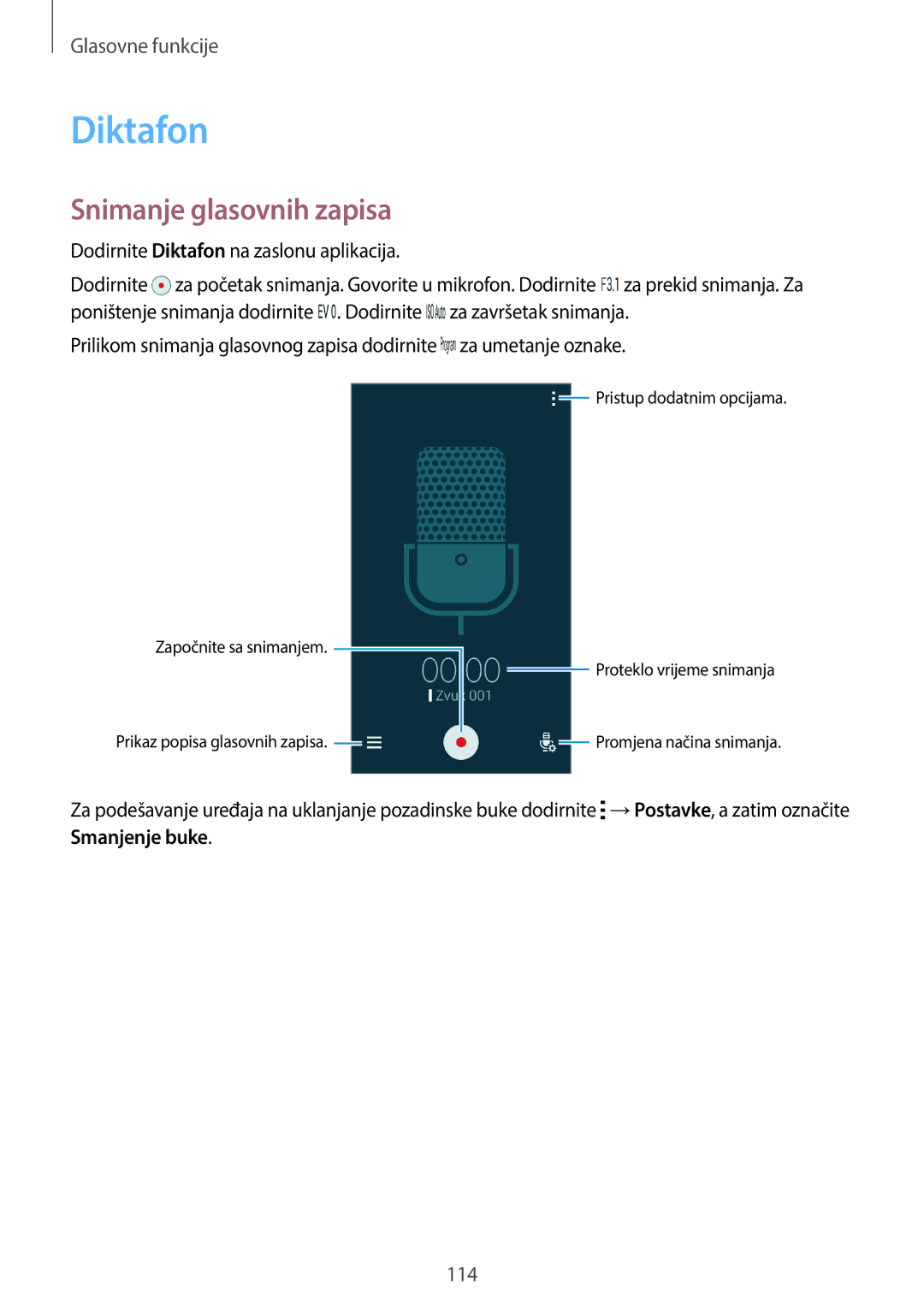 Samsung SM-C1150ZWASEE, SM-C1150ZKASEE manual Snimanje glasovnih zapisa, Dodirnite Diktafon na zaslonu aplikacija 