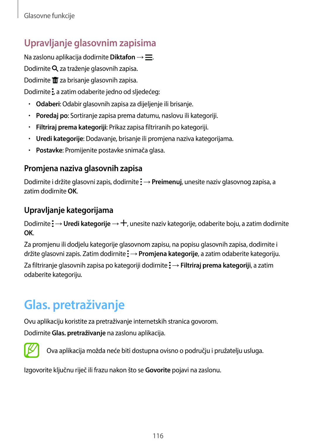 Samsung SM-C1150ZWACRO manual Glas. pretraživanje, Upravljanje glasovnim zapisima, Promjena naziva glasovnih zapisa 