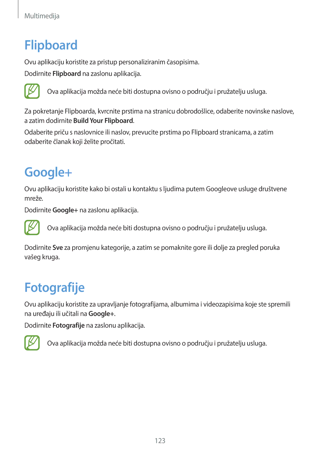 Samsung SM-C1150ZWASEE, SM-C1150ZKASEE, SM-C1150ZWACRO manual Flipboard, Google+, Fotografije 