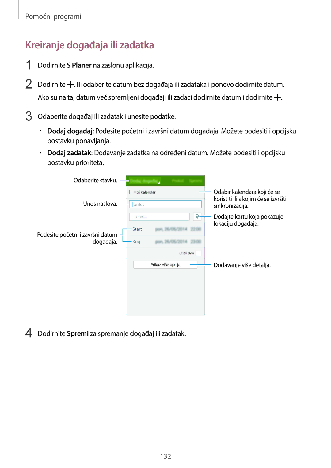 Samsung SM-C1150ZWASEE, SM-C1150ZKASEE manual Kreiranje događaja ili zadatka, Dodirnite S Planer na zaslonu aplikacija 