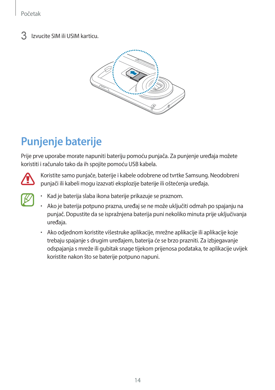 Samsung SM-C1150ZWACRO, SM-C1150ZWASEE, SM-C1150ZKASEE manual Punjenje baterije, Izvucite SIM ili Usim karticu 