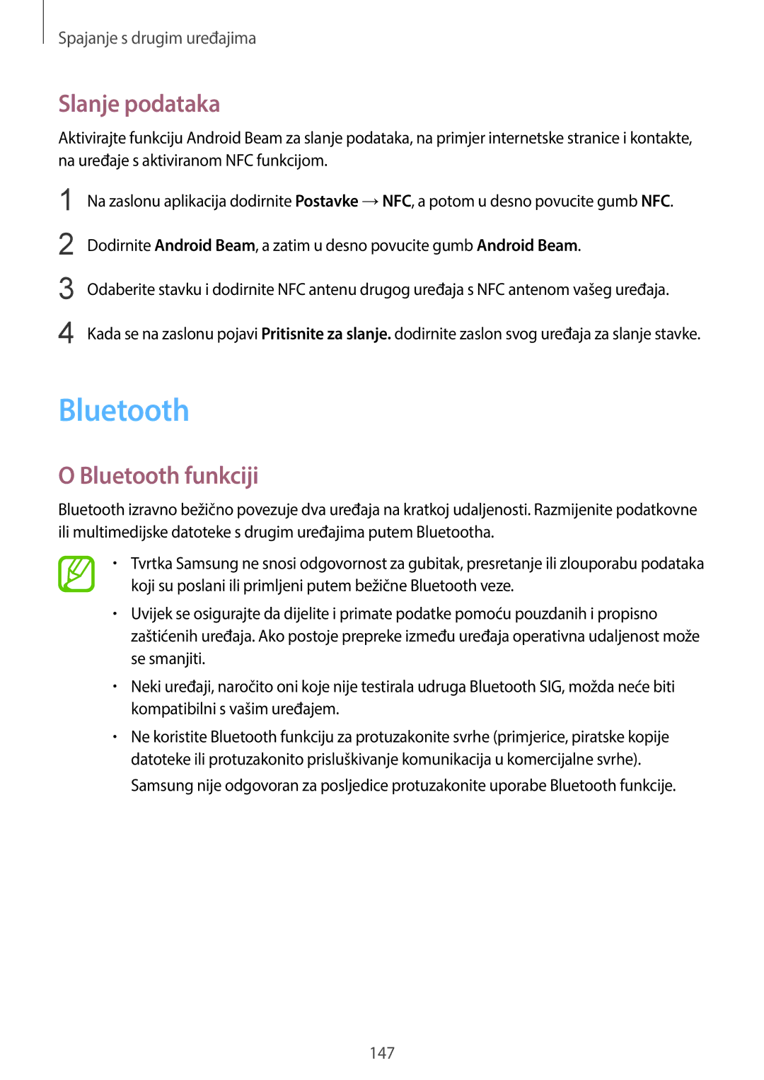 Samsung SM-C1150ZWASEE, SM-C1150ZKASEE, SM-C1150ZWACRO manual Slanje podataka, Bluetooth funkciji 