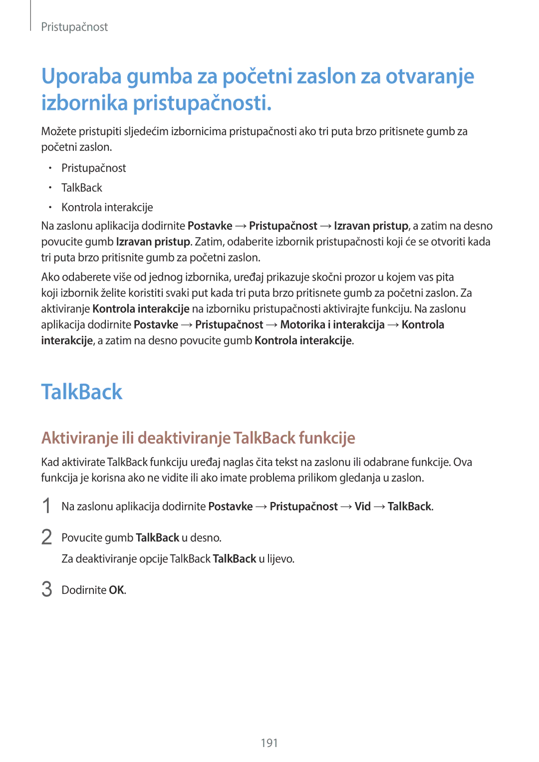 Samsung SM-C1150ZWACRO, SM-C1150ZWASEE, SM-C1150ZKASEE manual Aktiviranje ili deaktiviranje TalkBack funkcije 