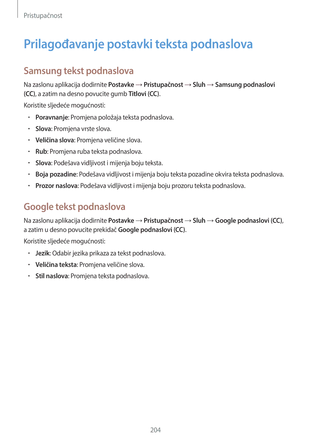 Samsung SM-C1150ZWASEE manual Prilagođavanje postavki teksta podnaslova, Samsung tekst podnaslova, Google tekst podnaslova 