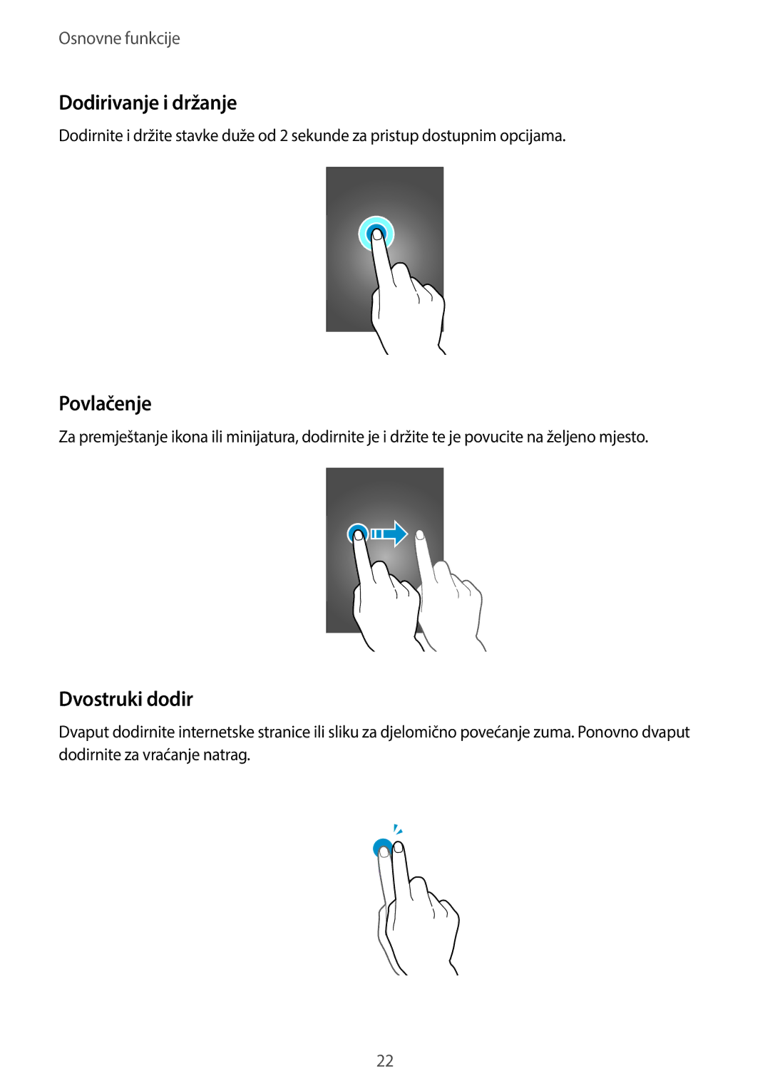 Samsung SM-C1150ZKASEE, SM-C1150ZWASEE, SM-C1150ZWACRO manual Dodirivanje i držanje, Povlačenje, Dvostruki dodir 