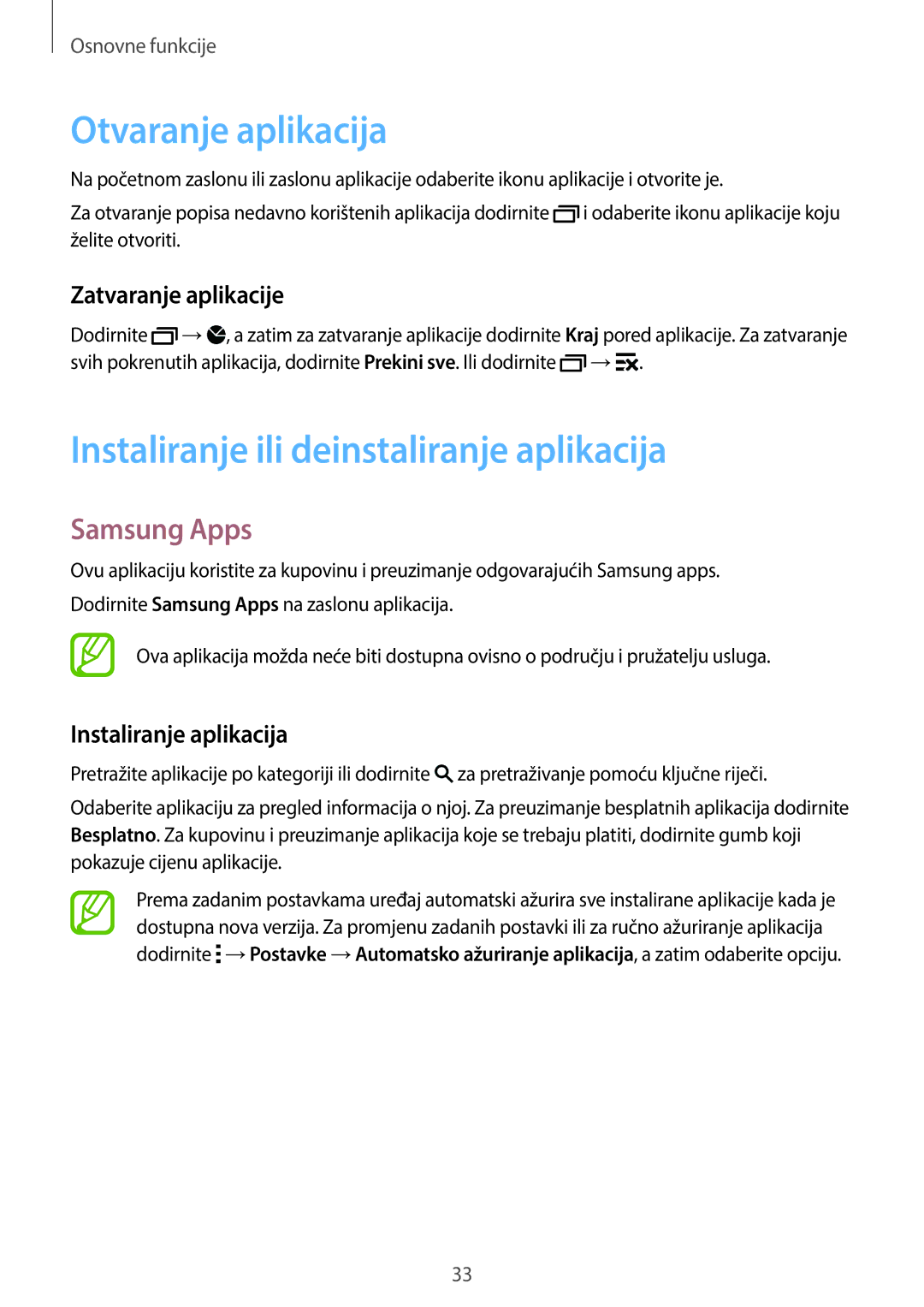 Samsung SM-C1150ZWASEE, SM-C1150ZKASEE manual Otvaranje aplikacija, Instaliranje ili deinstaliranje aplikacija, Samsung Apps 