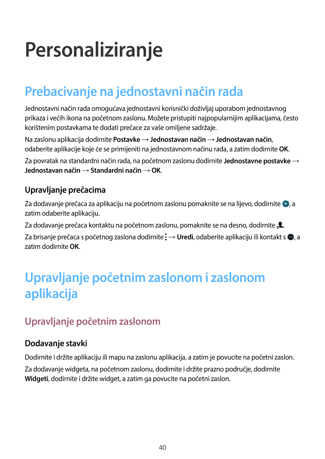 Samsung SM-C1150ZKASEE manual Personaliziranje, Prebacivanje na jednostavni način rada, Upravljanje početnim zaslonom 