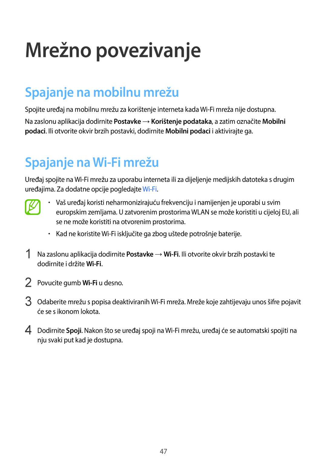 Samsung SM-C1150ZWACRO, SM-C1150ZWASEE manual Mrežno povezivanje, Spajanje na mobilnu mrežu, Spajanje na Wi-Fi mrežu 