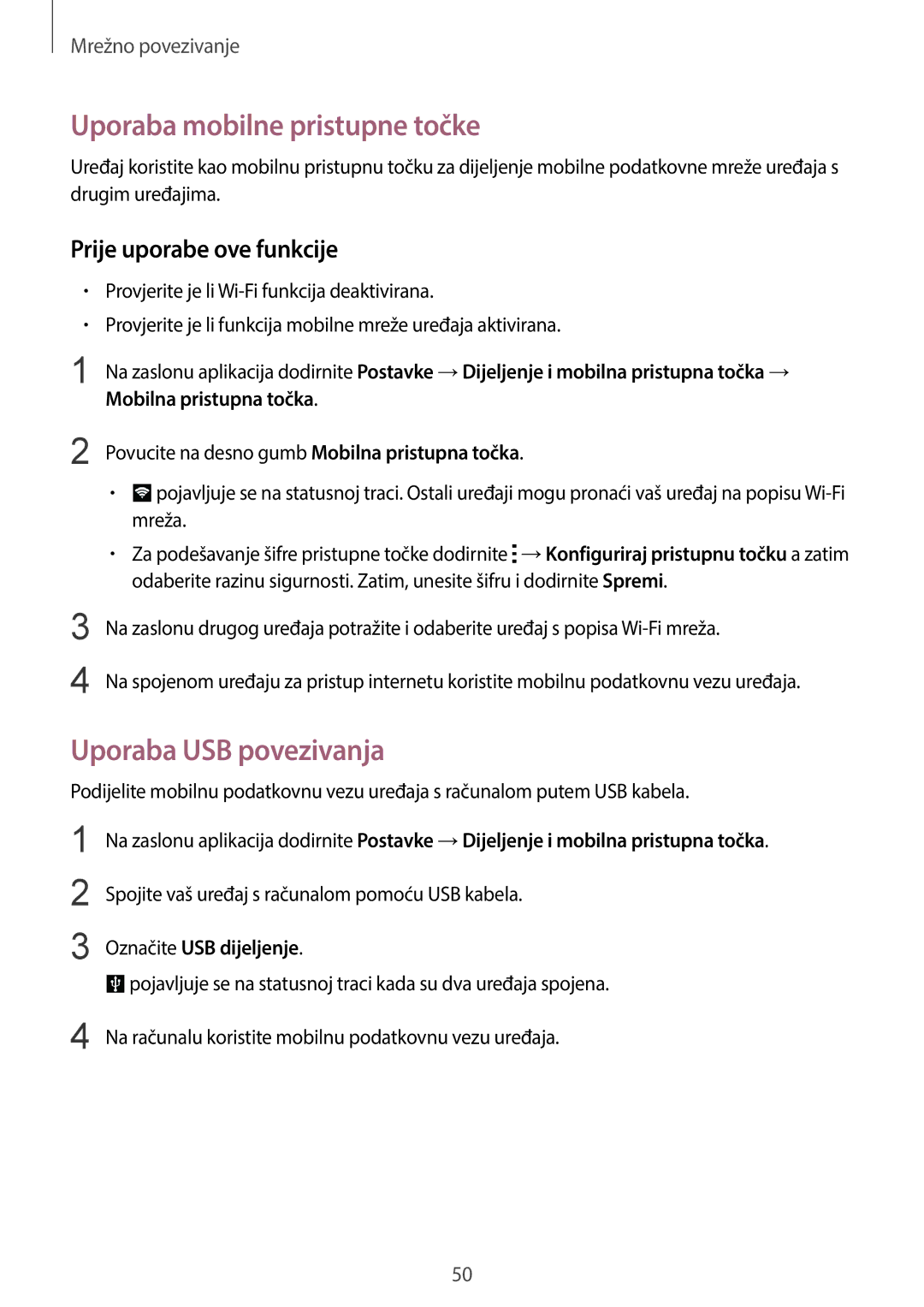 Samsung SM-C1150ZWACRO manual Uporaba mobilne pristupne točke, Uporaba USB povezivanja, Prije uporabe ove funkcije 