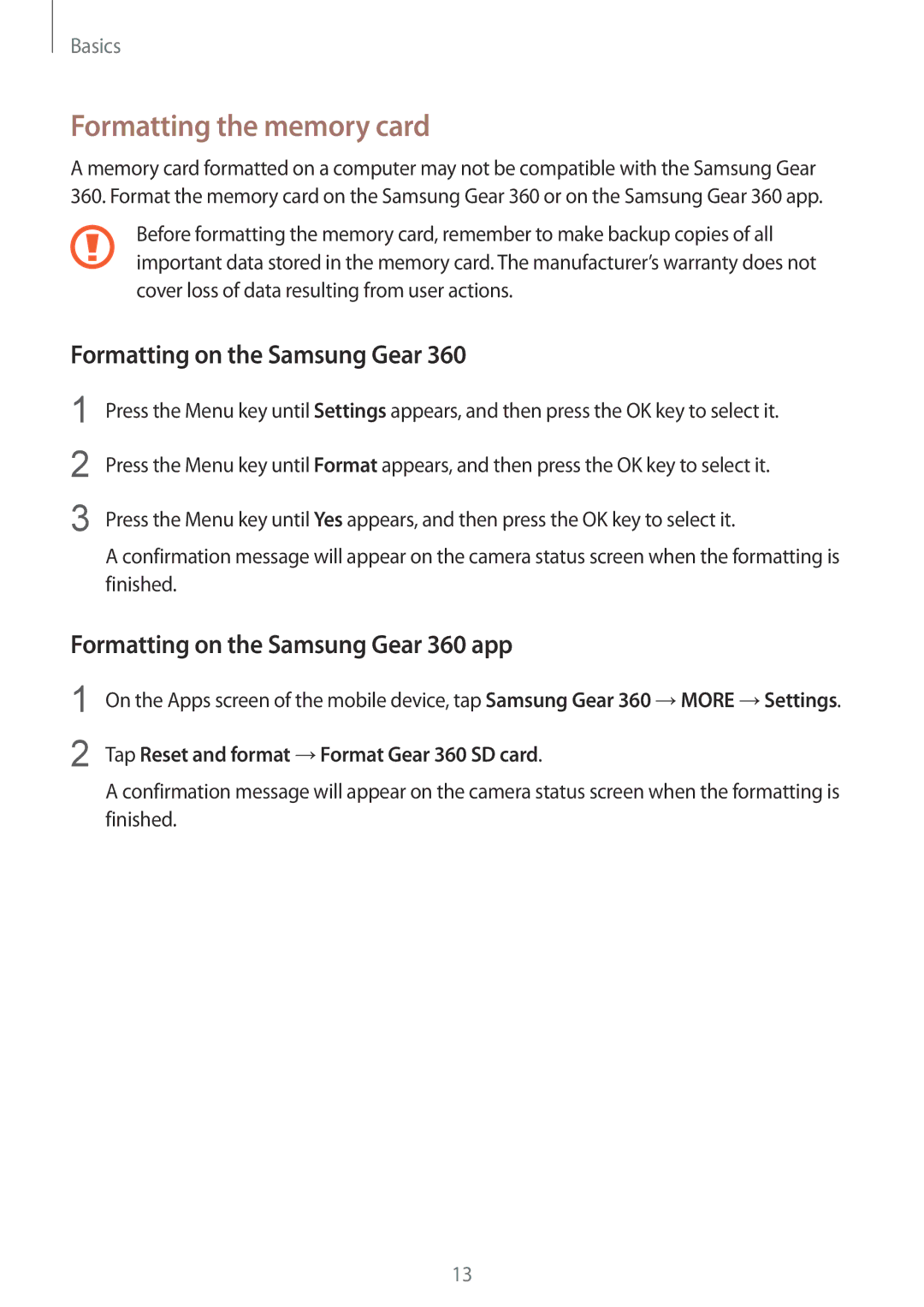 Samsung SM-C200NZWADBT, SM-C200NZWAXEF manual Formatting the memory card, Formatting on the Samsung Gear 360 app 