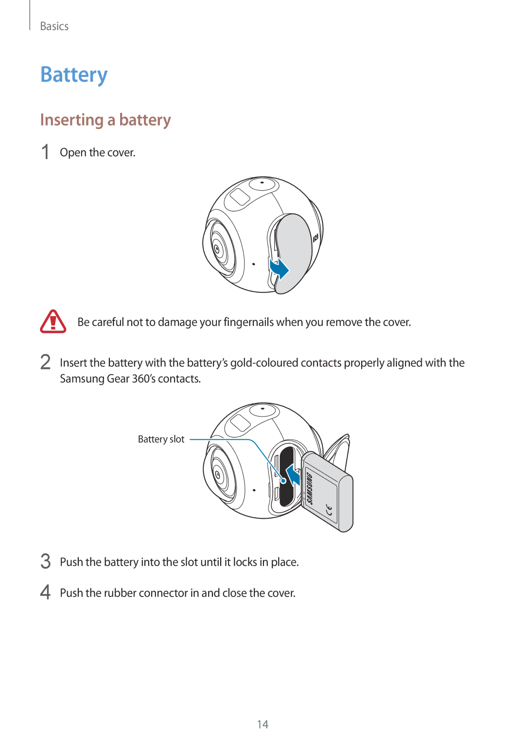 Samsung SM-C200NZWAXEF, SM-C200NZWADBT, SM-C200NZWAITV, SM-C200NZWAPHE, SM-C200NZWAKSA manual Battery, Inserting a battery 