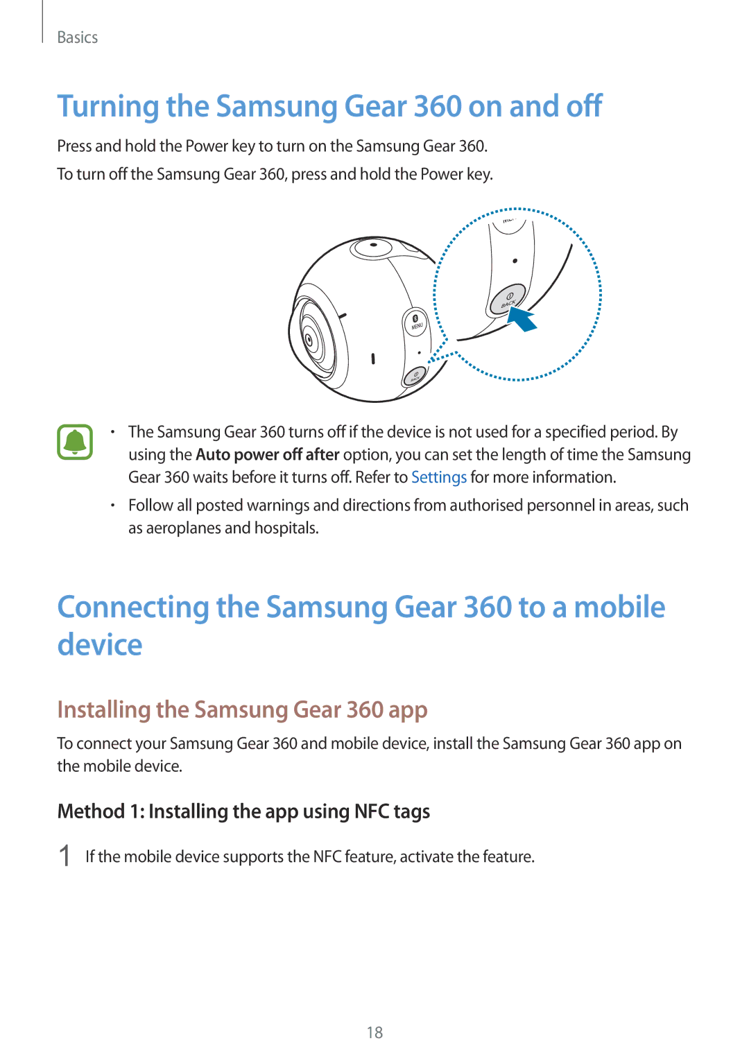 Samsung SM-C200NZWAXXV manual Turning the Samsung Gear 360 on and off, Connecting the Samsung Gear 360 to a mobile device 