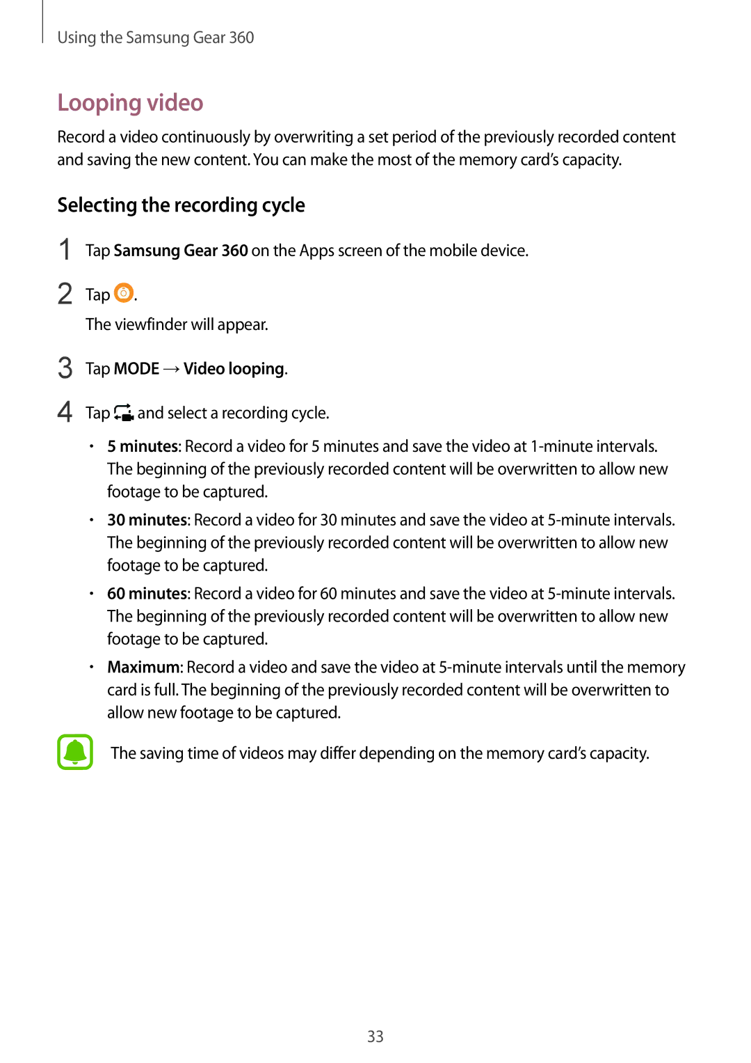 Samsung SM-C200NZWAXEZ, SM-C200NZWADBT manual Looping video, Selecting the recording cycle, Tap Mode →Video looping 