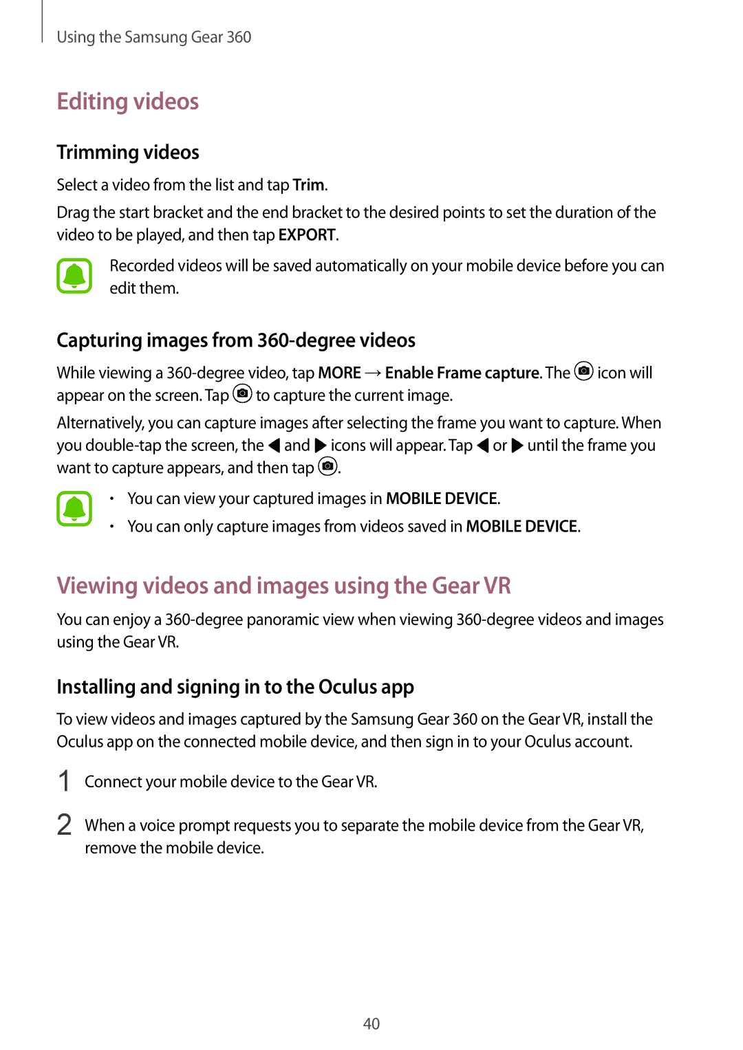 Samsung SM-C200NZWAXEF, SM-C200NZWADBT manual Editing videos, Viewing videos and images using the Gear VR, Trimming videos 