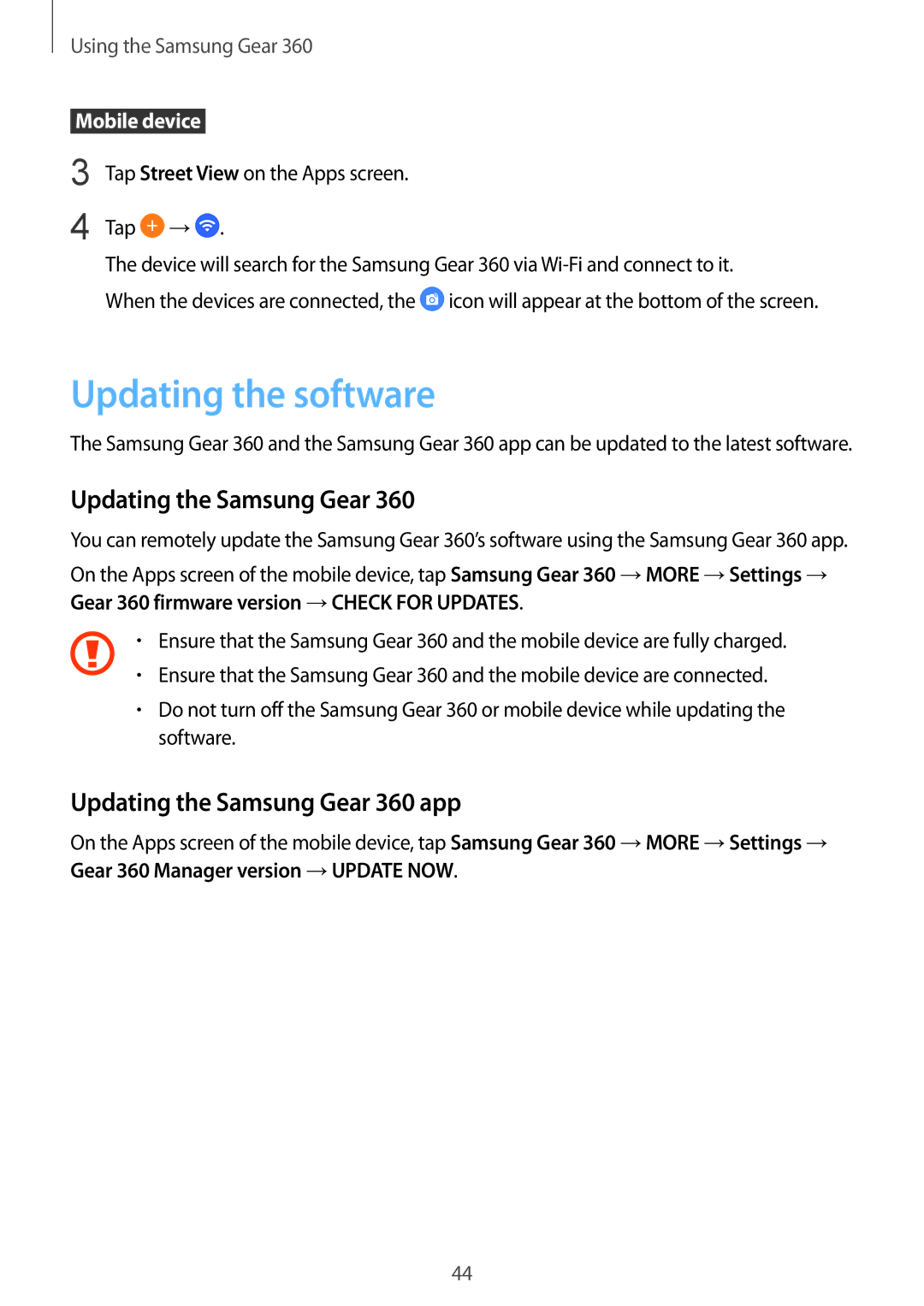 Samsung SM-C200NZWAXXV, SM-C200NZWADBT, SM-C200NZWAXEF manual Updating the software, Updating the Samsung Gear 360 app 