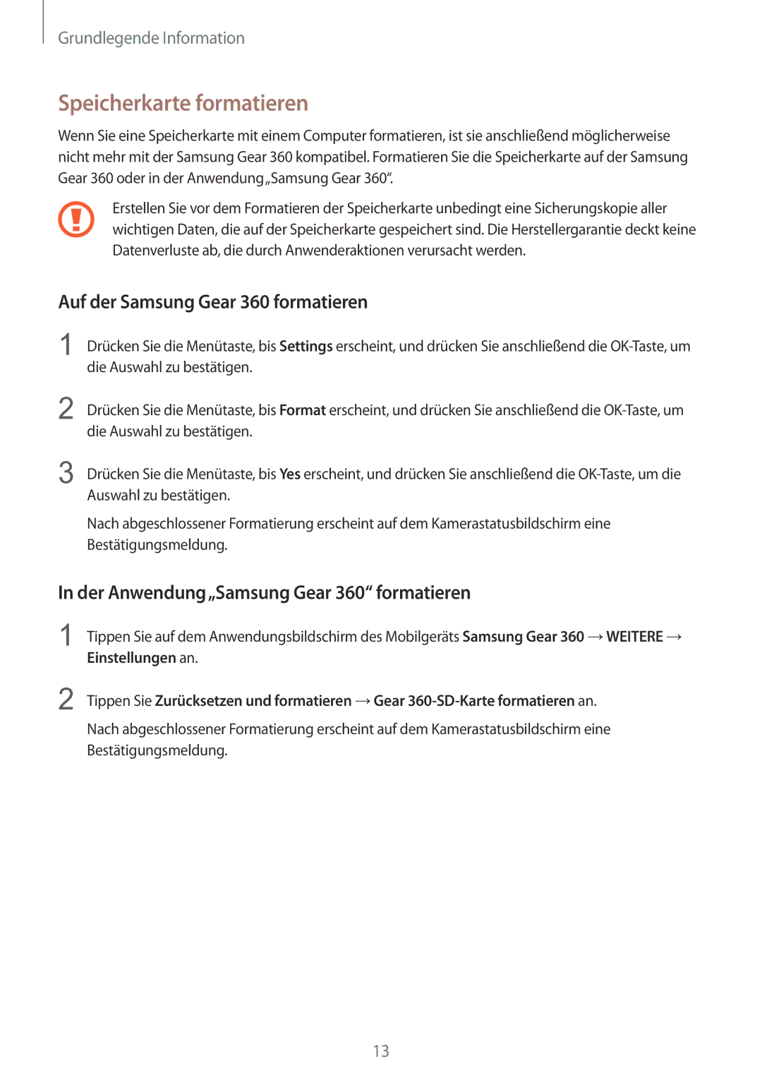 Samsung SM-C200NZWADBT manual Speicherkarte formatieren, Auf der Samsung Gear 360 formatieren 