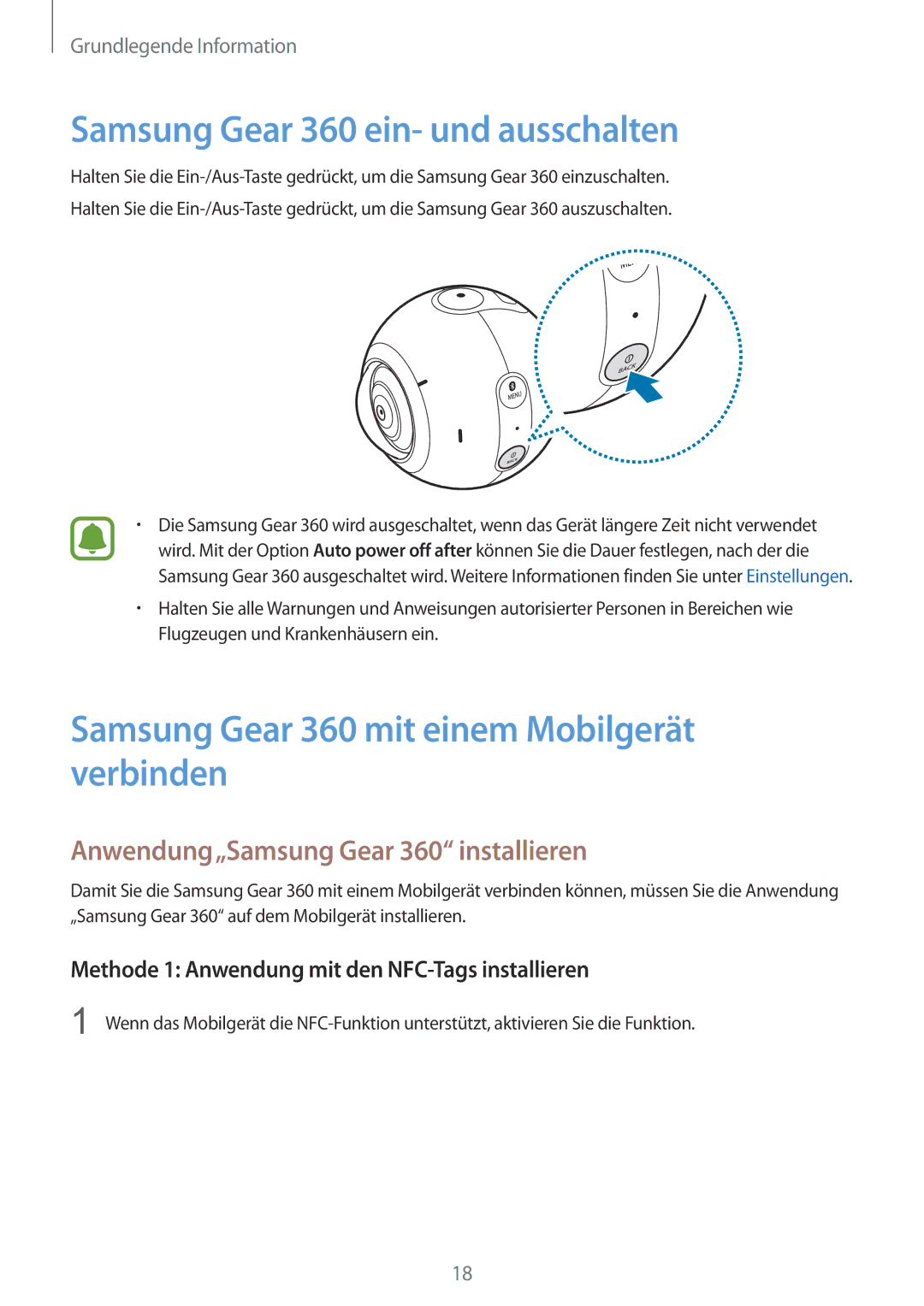 Samsung SM-C200NZWADBT manual Samsung Gear 360 ein- und ausschalten, Samsung Gear 360 mit einem Mobilgerät verbinden 