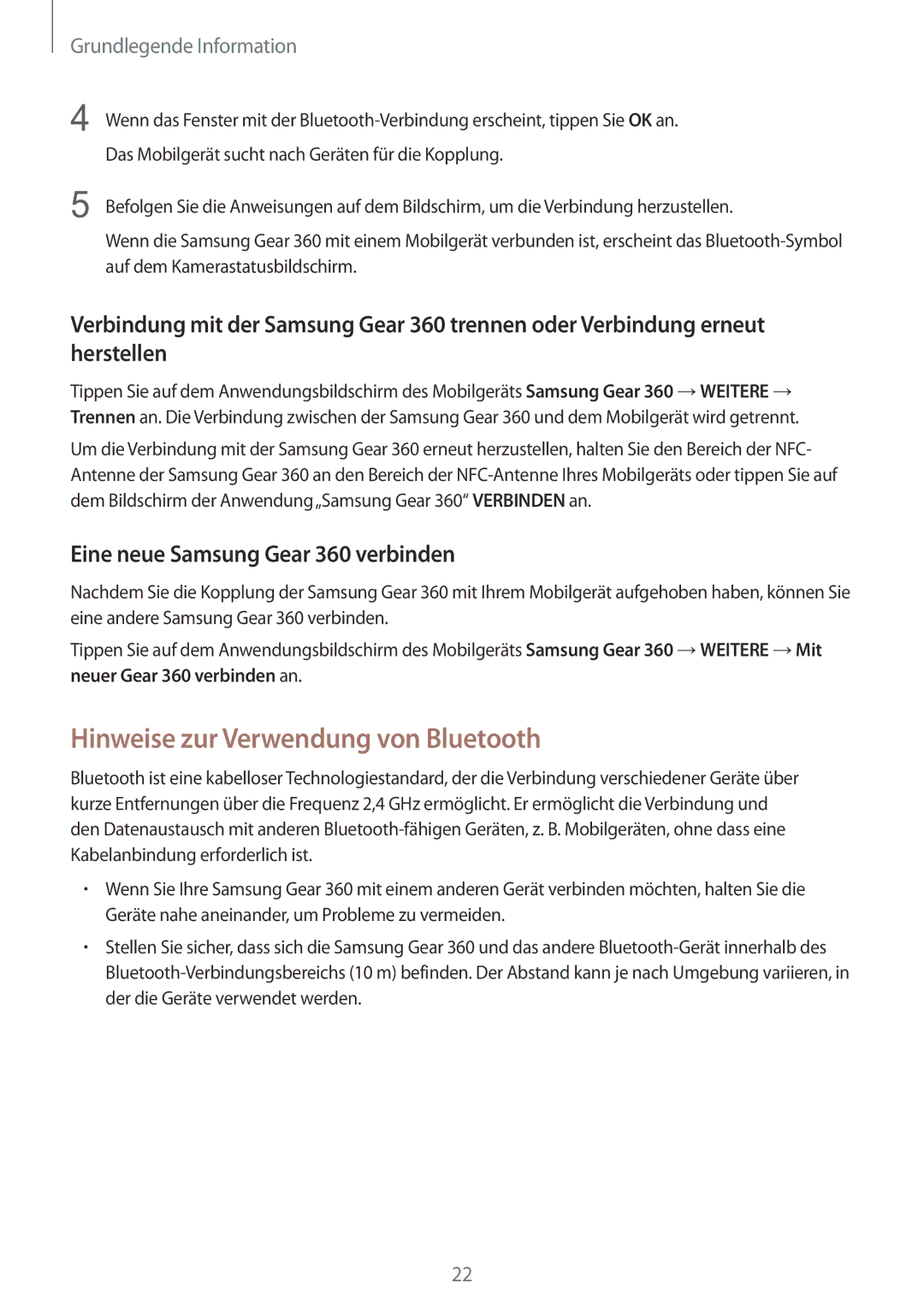 Samsung SM-C200NZWADBT manual Hinweise zur Verwendung von Bluetooth, Eine neue Samsung Gear 360 verbinden 