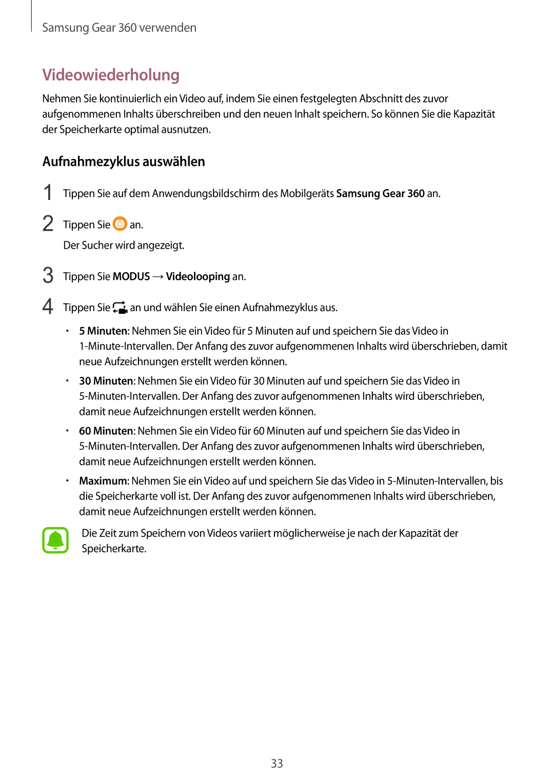 Samsung SM-C200NZWADBT manual Videowiederholung, Aufnahmezyklus auswählen 