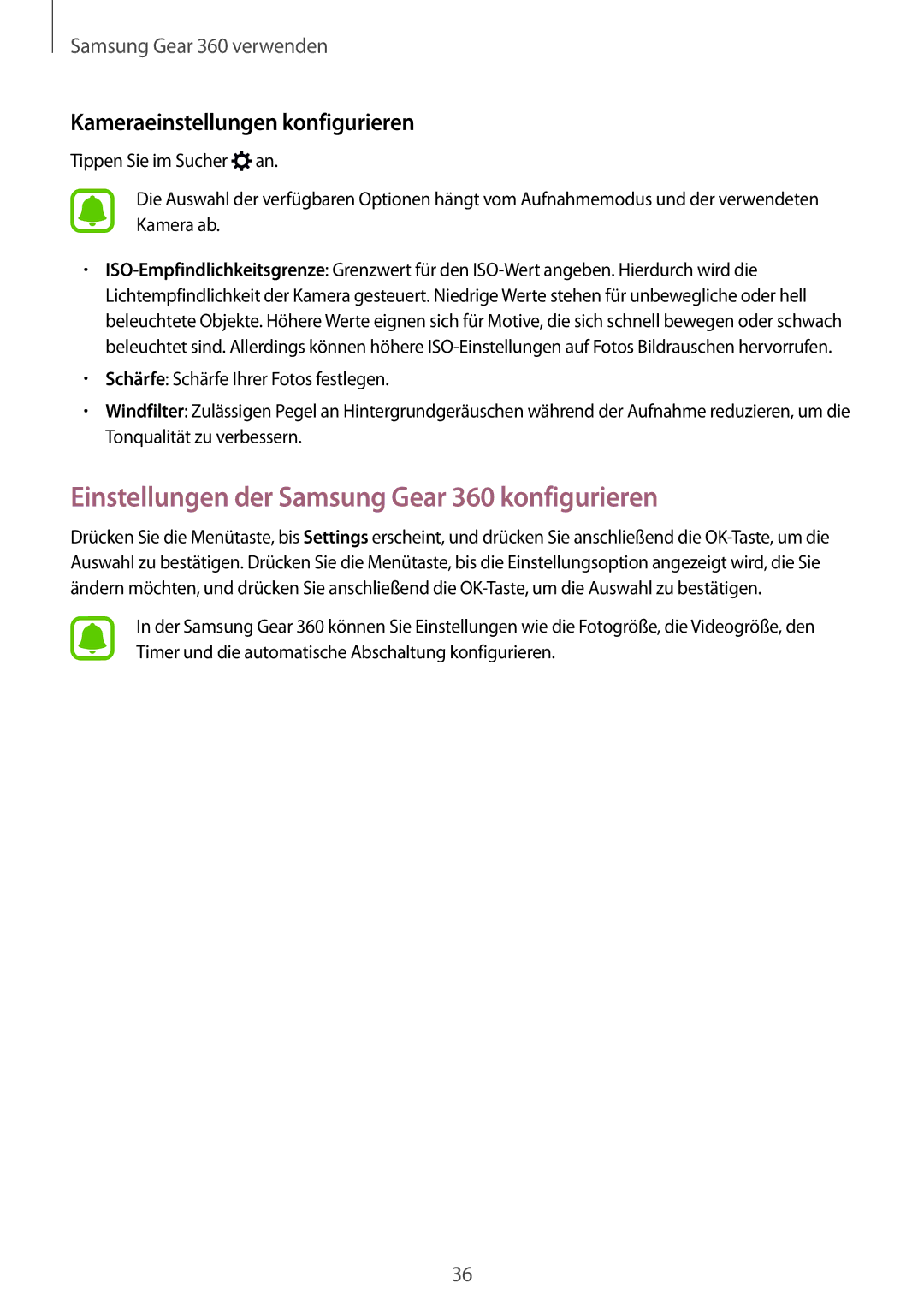 Samsung SM-C200NZWADBT manual Einstellungen der Samsung Gear 360 konfigurieren, Kameraeinstellungen konfigurieren 