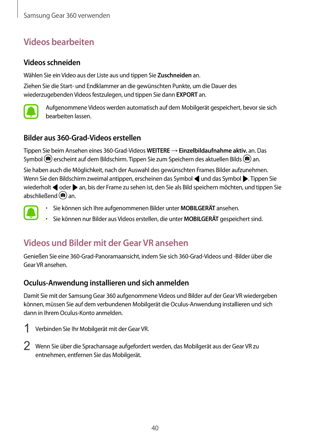 Samsung SM-C200NZWADBT manual Videos bearbeiten, Videos und Bilder mit der Gear VR ansehen, Videos schneiden 