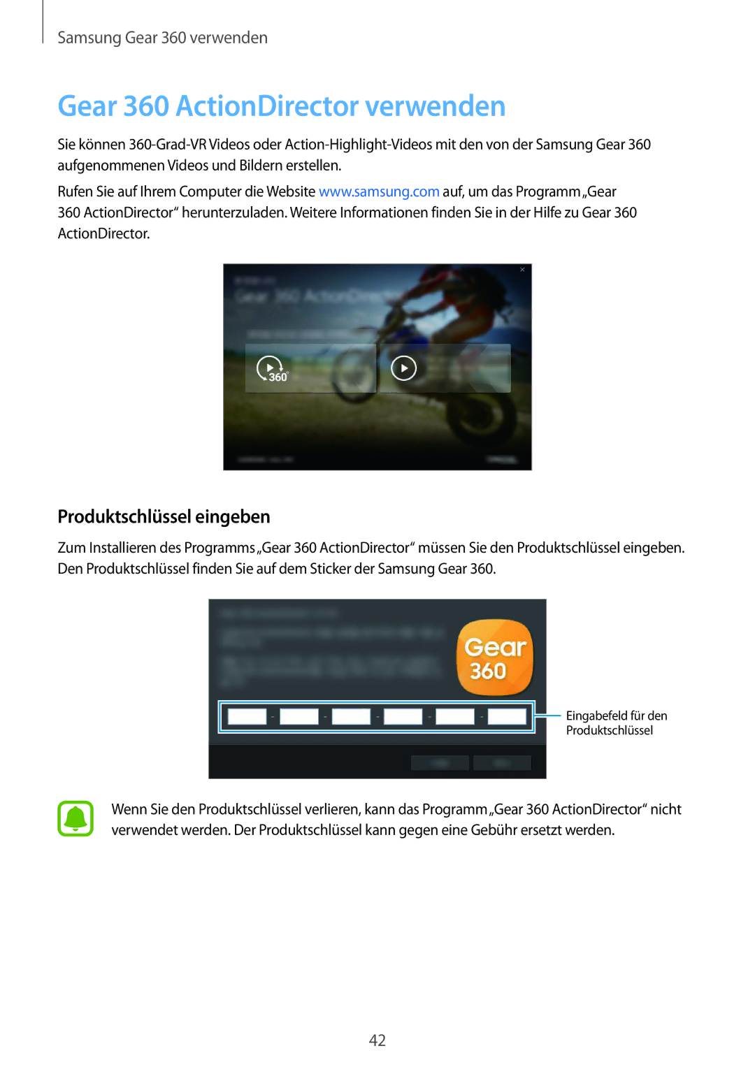 Samsung SM-C200NZWADBT manual Gear 360 ActionDirector verwenden, Produktschlüssel eingeben 
