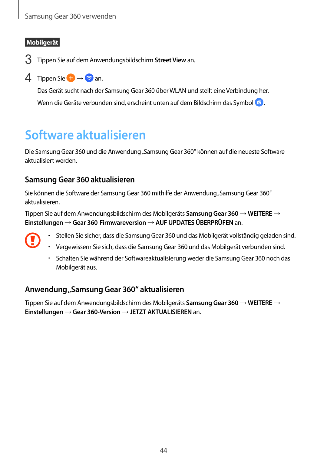 Samsung SM-C200NZWADBT manual Software aktualisieren, Anwendung„Samsung Gear 360 aktualisieren 