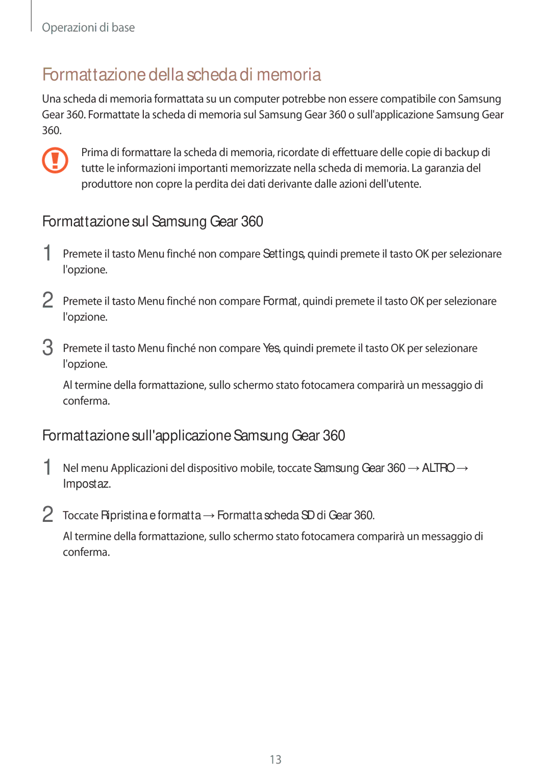 Samsung SM-C200NZWAITV manual Formattazione della scheda di memoria, Formattazione sul Samsung Gear, Impostaz 