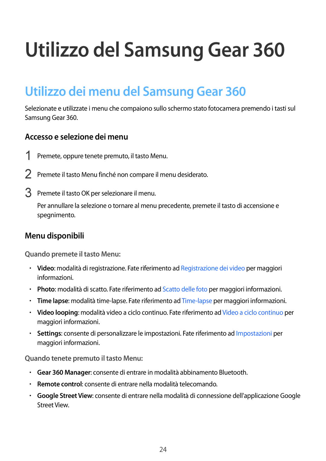 Samsung SM-C200NZWAITV manual Utilizzo dei menu del Samsung Gear, Accesso e selezione dei menu, Menu disponibili 
