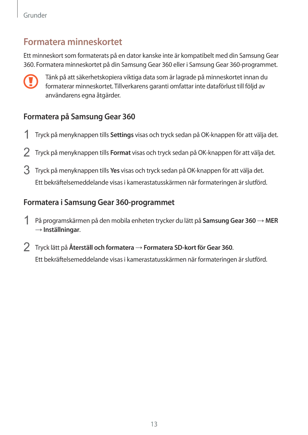 Samsung SM-C200NZWANEE manual Formatera minneskortet, Formatera på Samsung Gear, Formatera i Samsung Gear 360-programmet 