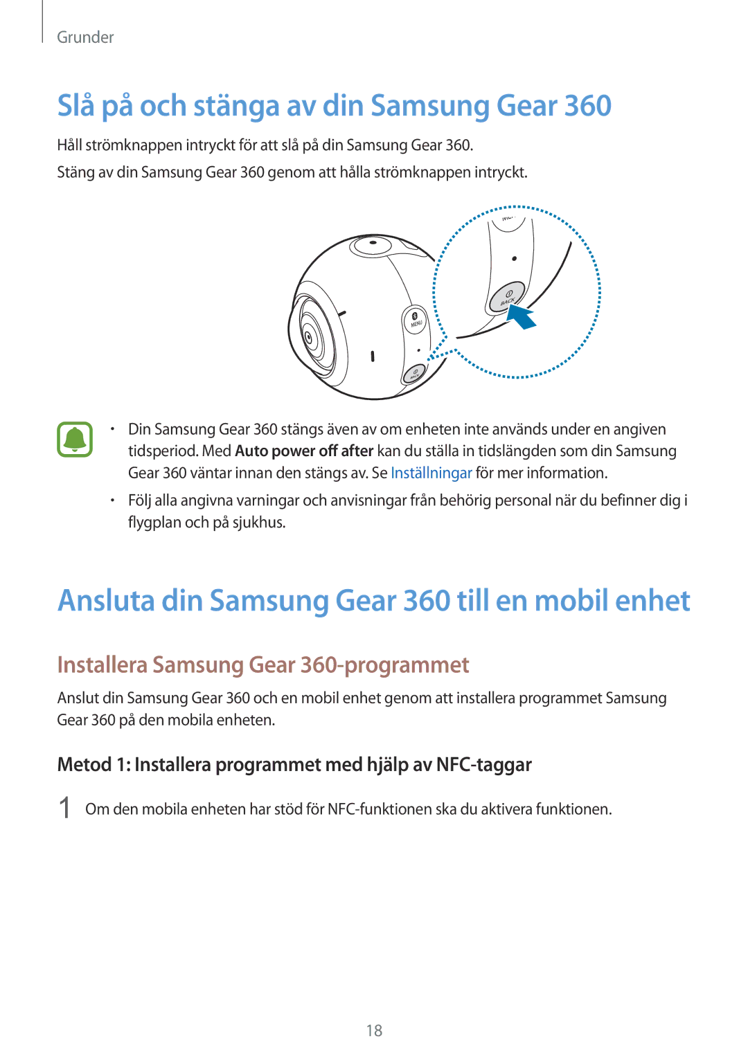 Samsung SM-C200NZWANEE manual Slå på och stänga av din Samsung Gear, Installera Samsung Gear 360-programmet 