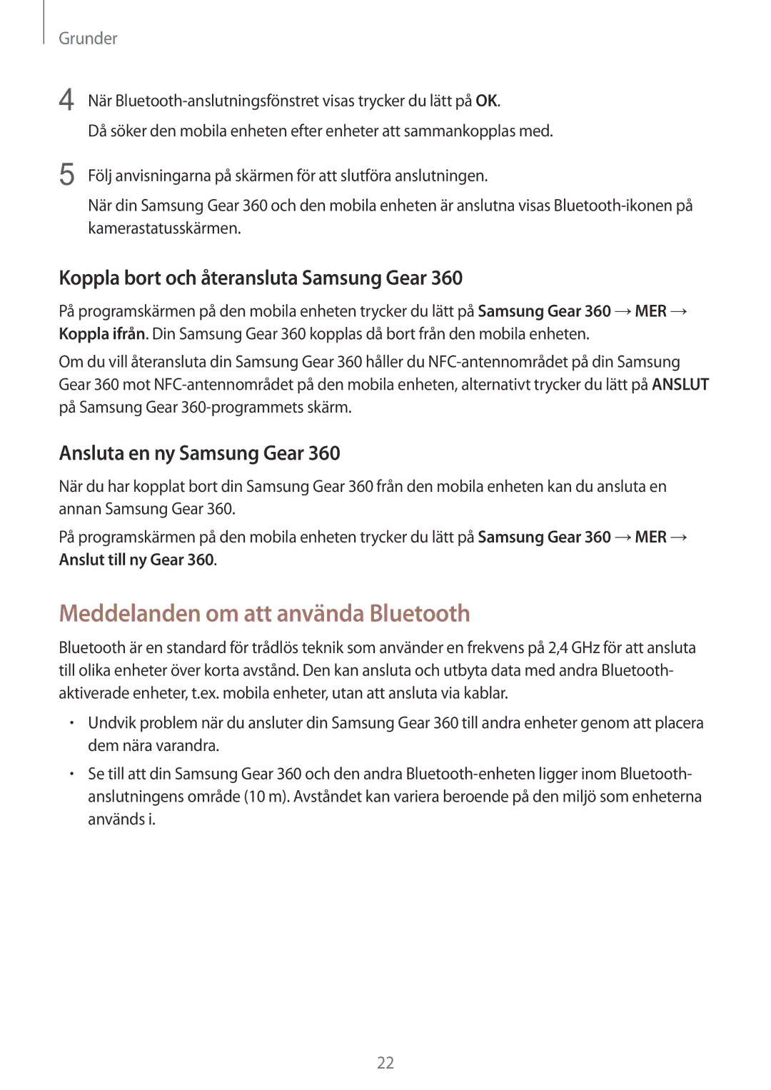 Samsung SM-C200NZWANEE manual Meddelanden om att använda Bluetooth, Koppla bort och återansluta Samsung Gear 