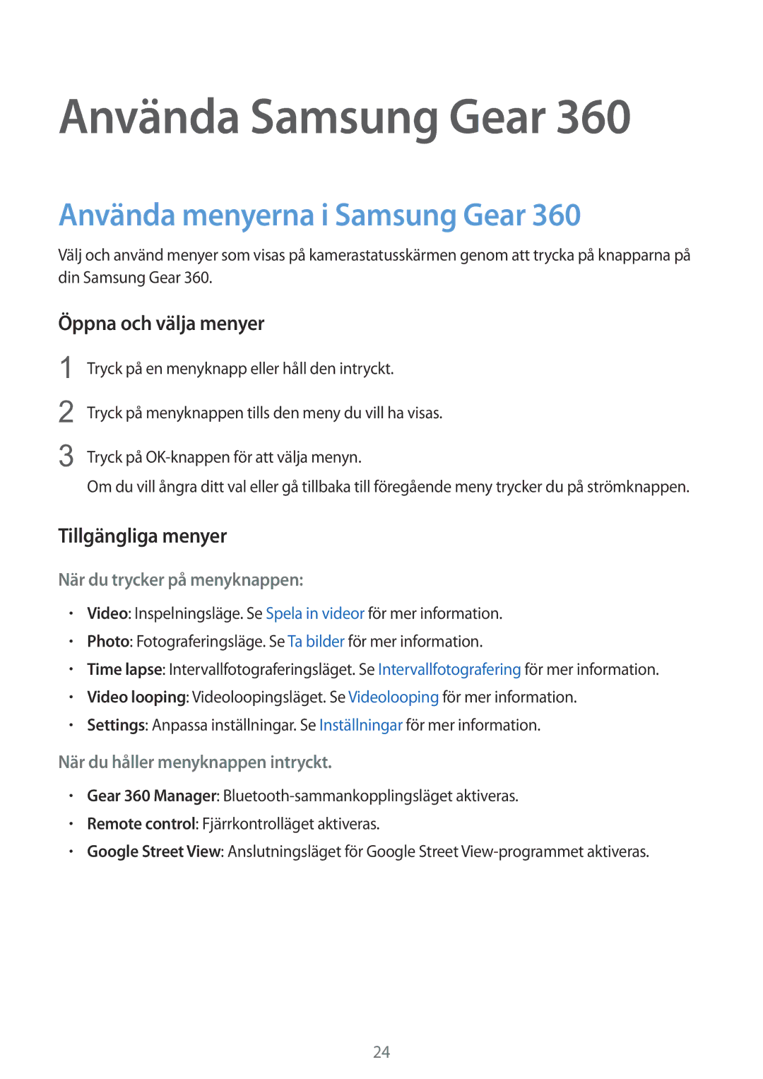 Samsung SM-C200NZWANEE manual Använda menyerna i Samsung Gear, Öppna och välja menyer, Tillgängliga menyer 