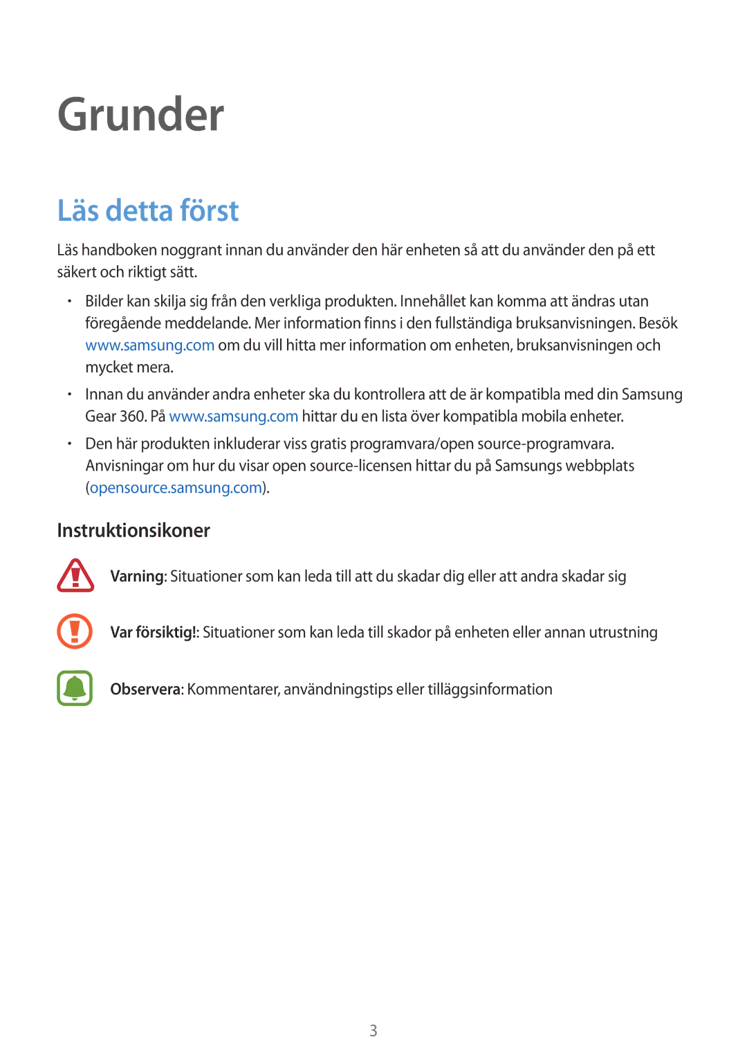 Samsung SM-C200NZWANEE manual Läs detta först, Instruktionsikoner 