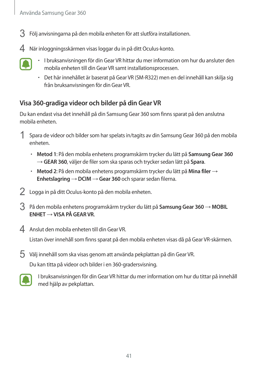 Samsung SM-C200NZWANEE manual Visa 360-gradiga videor och bilder på din Gear VR 