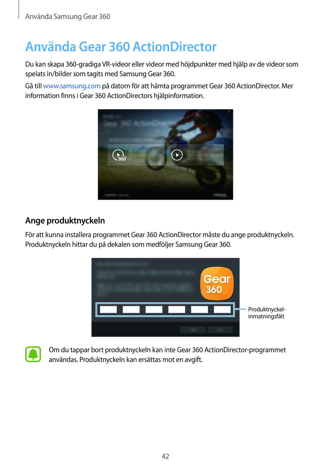 Samsung SM-C200NZWANEE manual Använda Gear 360 ActionDirector, Ange produktnyckeln 