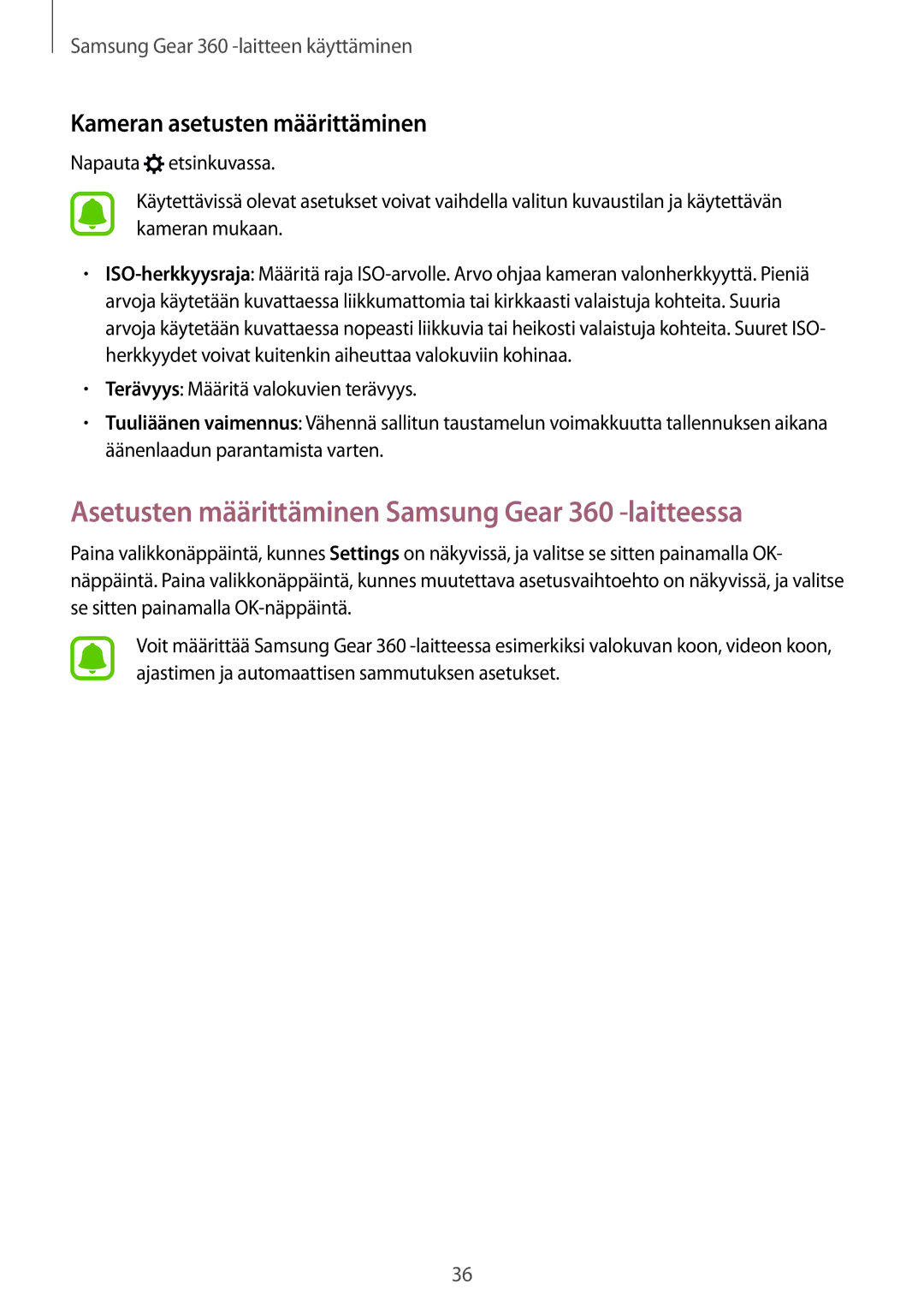 Samsung SM-C200NZWANEE manual Asetusten määrittäminen Samsung Gear 360 -laitteessa, Kameran asetusten määrittäminen 