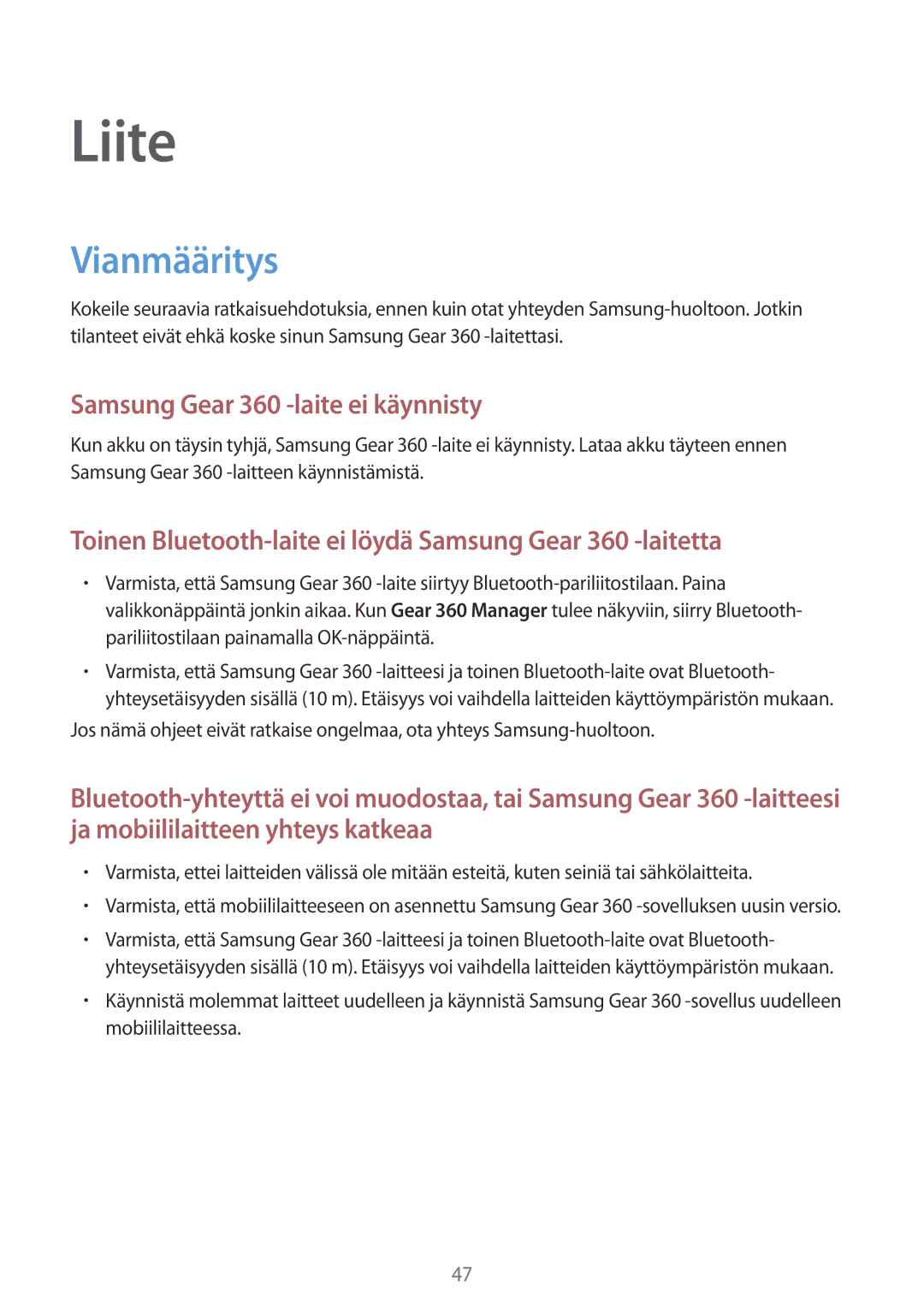 Samsung SM-C200NZWANEE manual Liite, Vianmääritys 