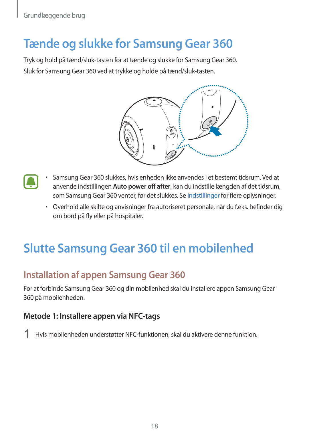 Samsung SM-C200NZWANEE manual Tænde og slukke for Samsung Gear, Slutte Samsung Gear 360 til en mobilenhed 